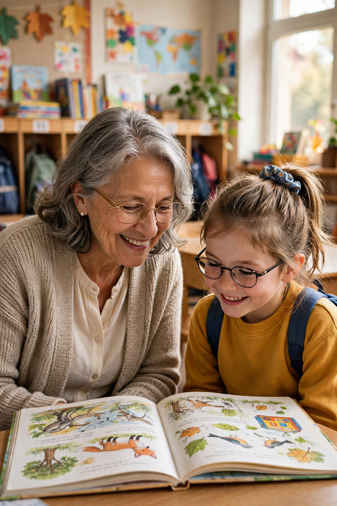 Retired woman helping a schoolchild with reading in a bright classroom