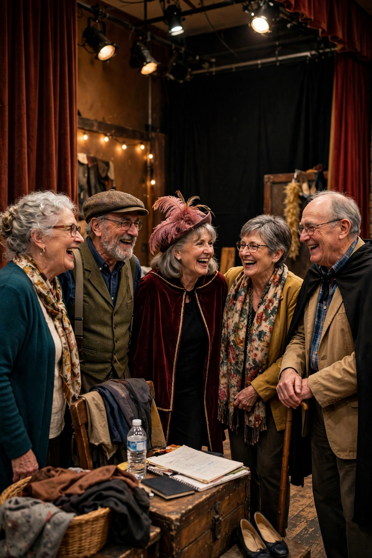 Cheerful retirees rehearsing together on a community theatre stage