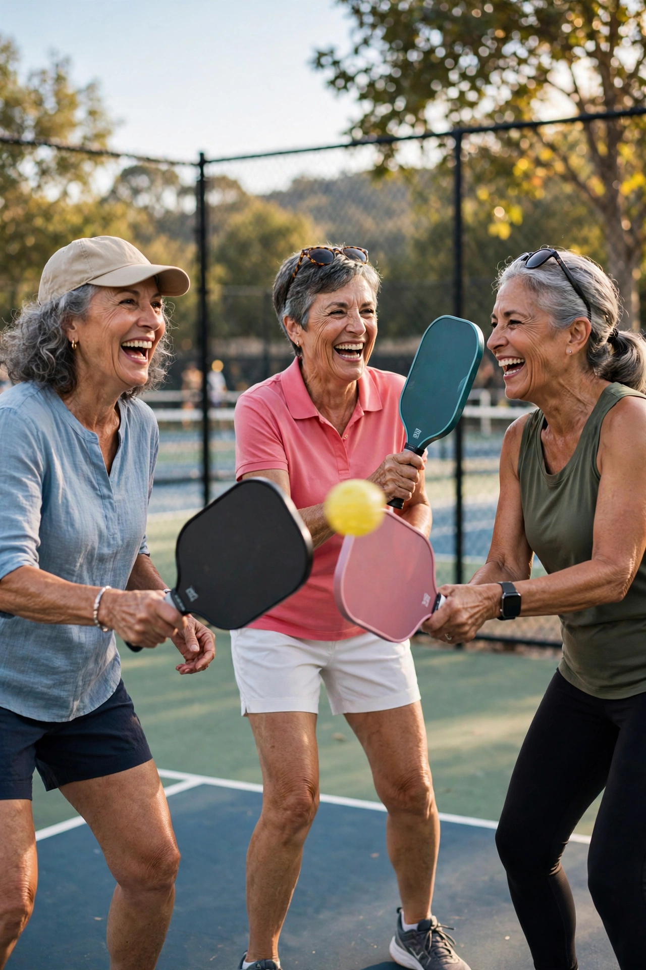 Women in their 60s laughing while playing pickleball on sunny outdoor courts