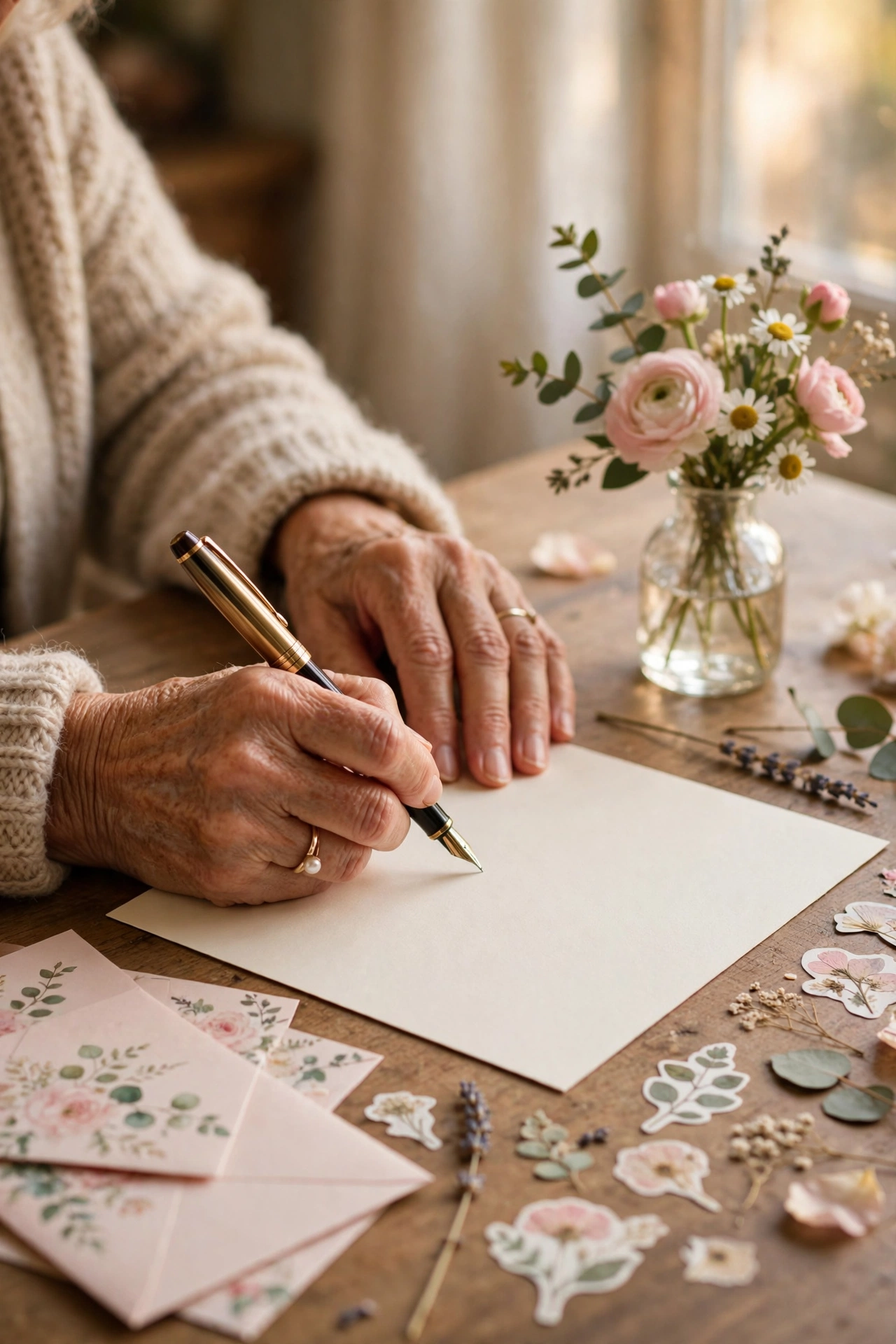 Older woman's hands writing a heartfelt letter with a fountain pen at a desk