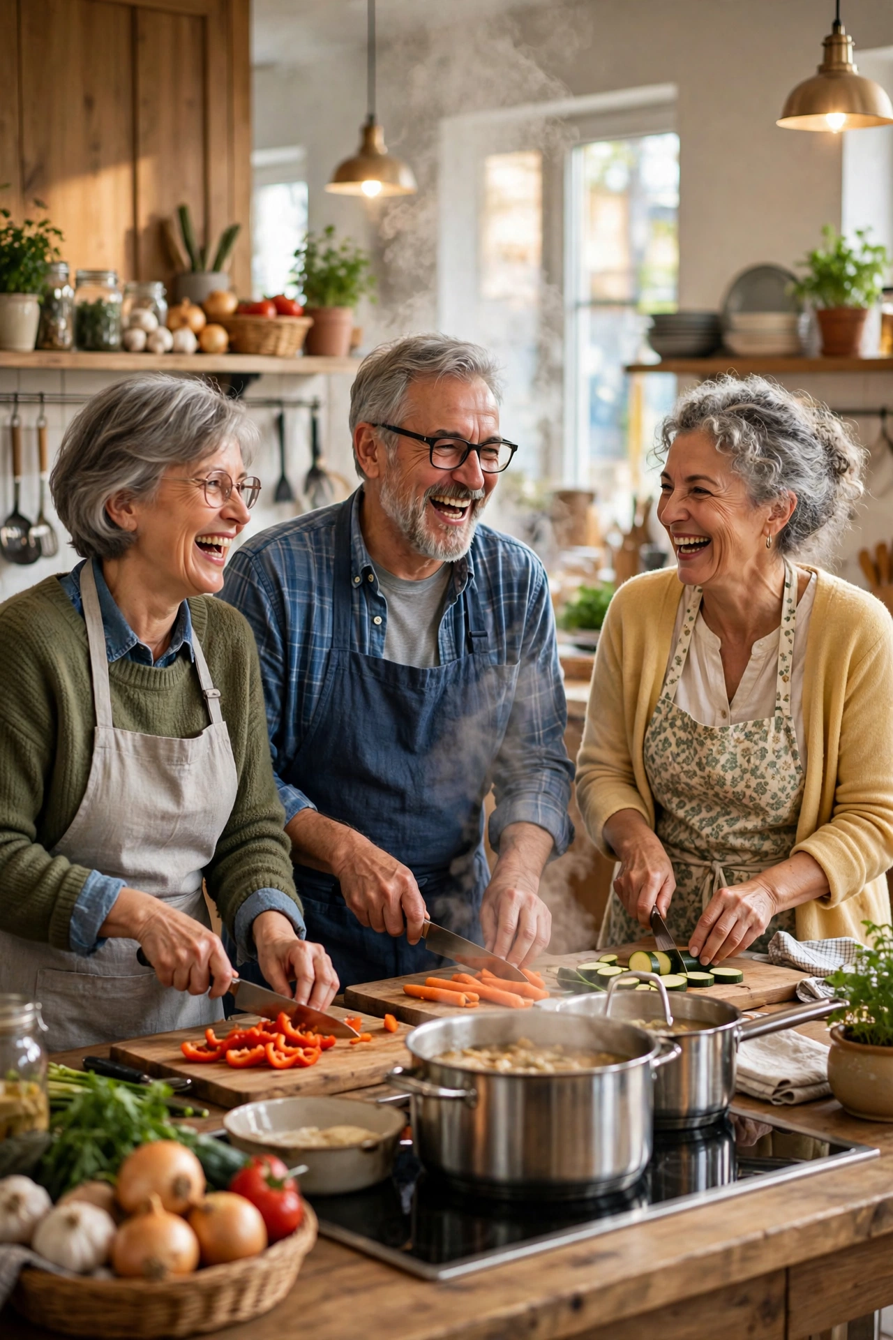 Retirees cooking and laughing together in a bright community kitchen class