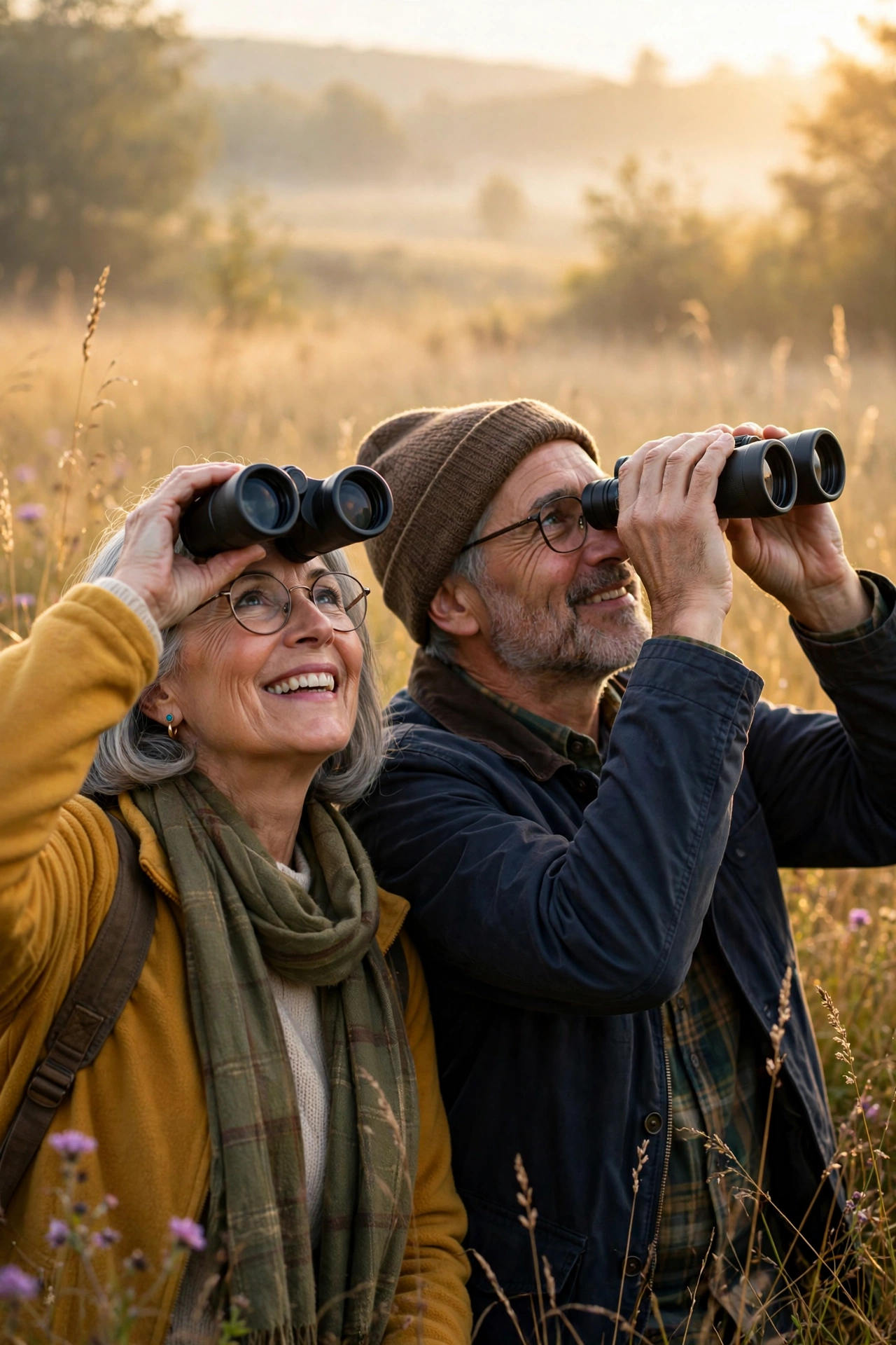 Couple in their 60s bird-watching at sunrise in a golden meadow