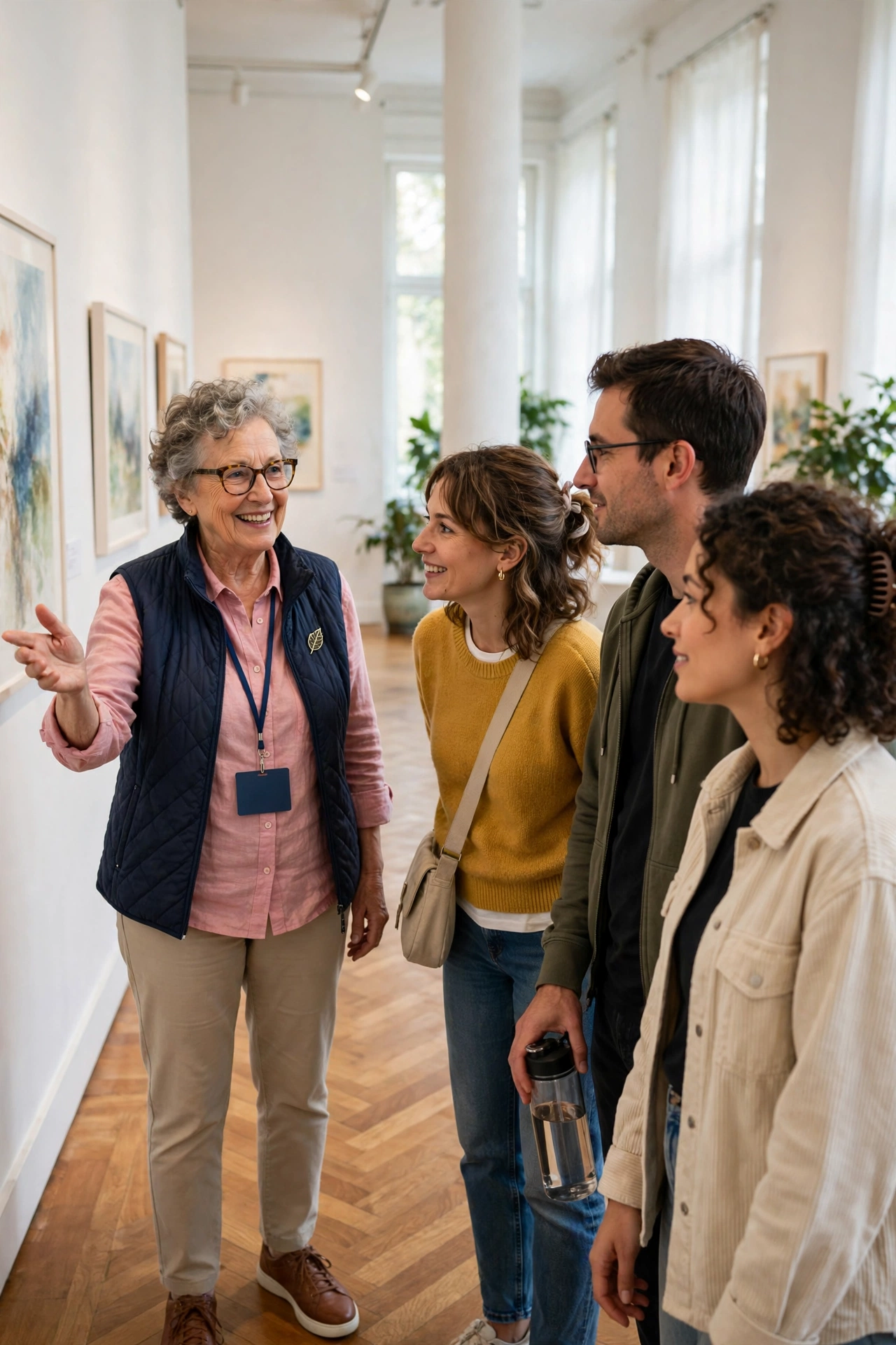 Retired volunteer guiding visitors through a bright museum gallery