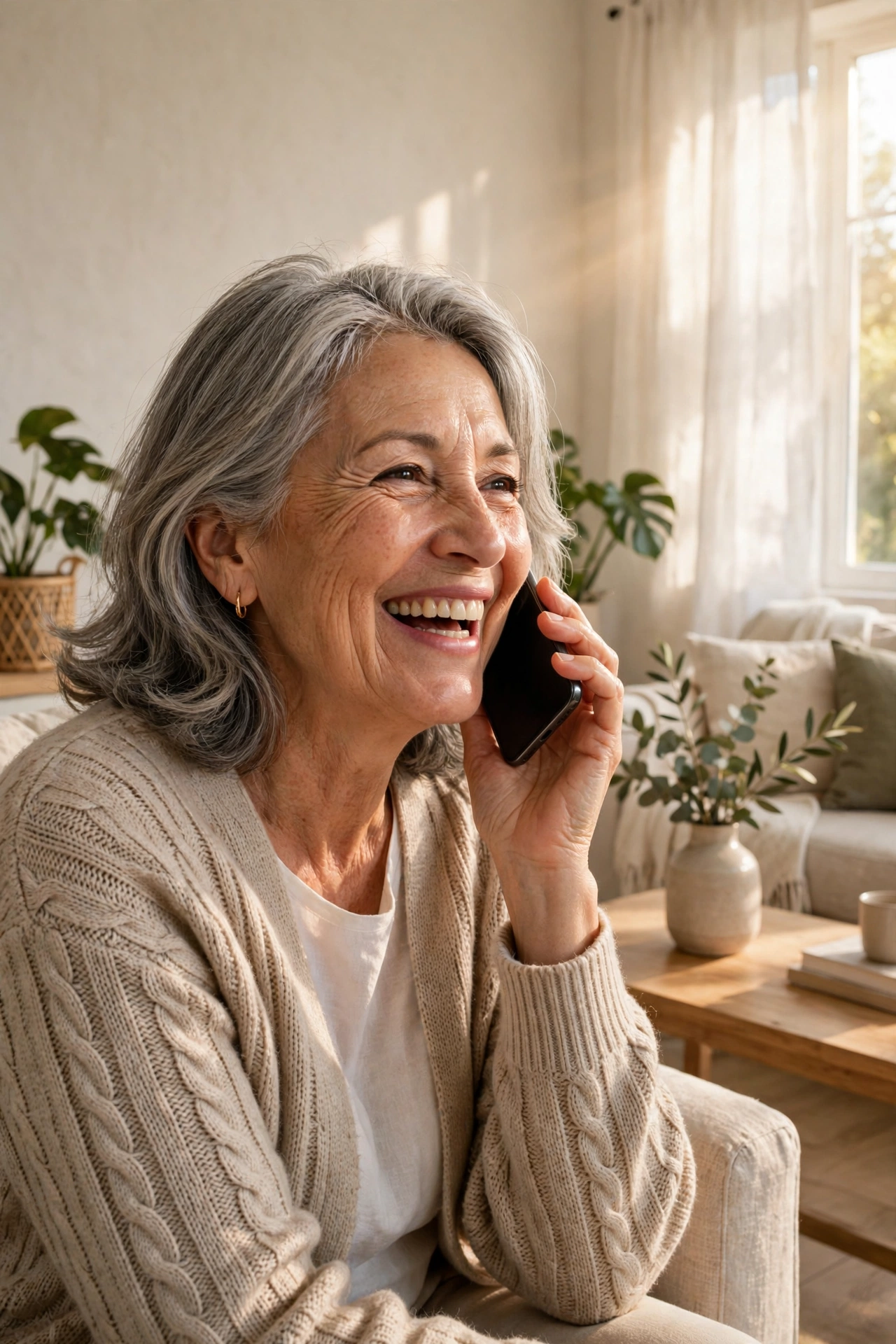 Happy woman in her 60s smiling while accepting an invitation on the phone