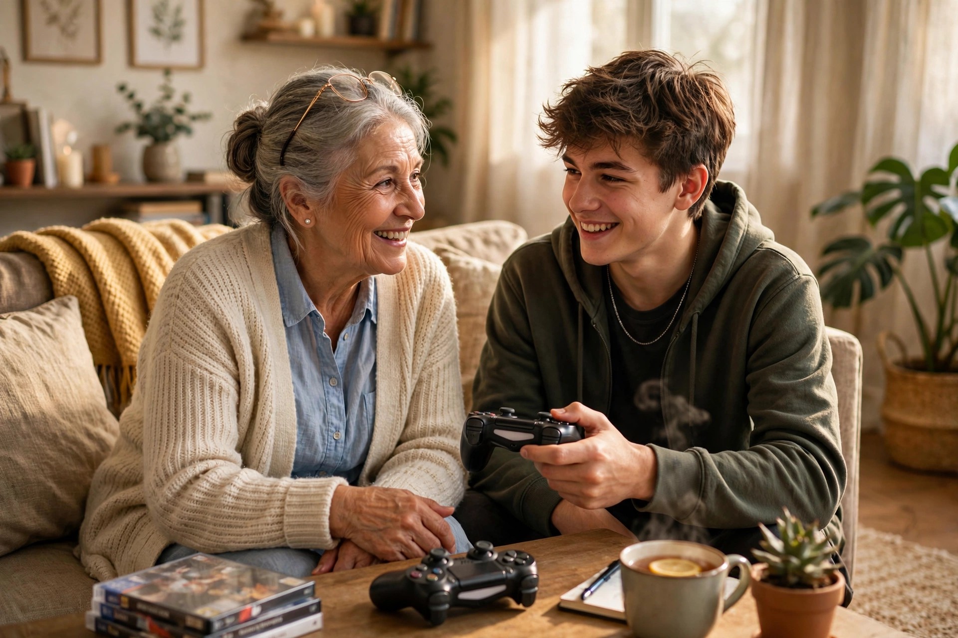 Grandmother asking her teenage grandson to teach her a video game