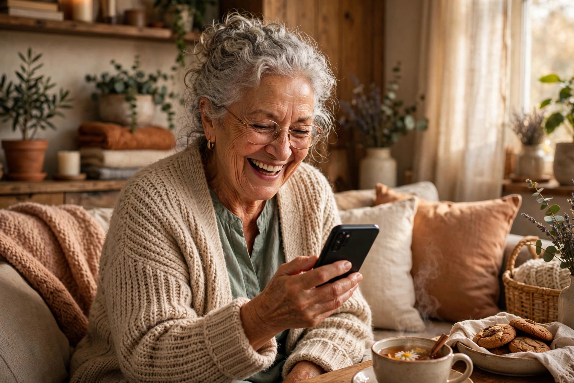 Grandmother smiling at her phone sending a funny text message