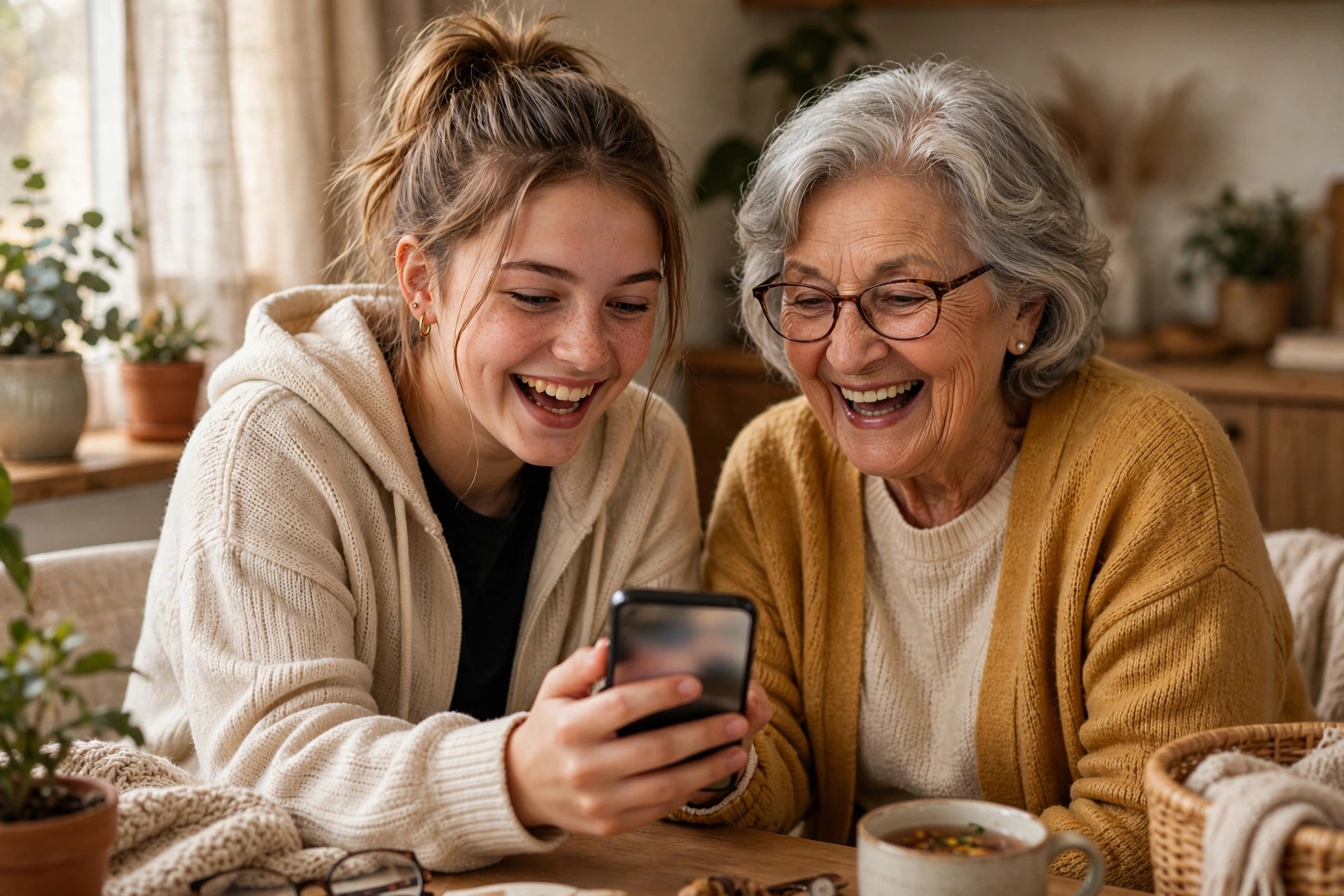 Teenage granddaughter teaching her grandmother to use a smartphone