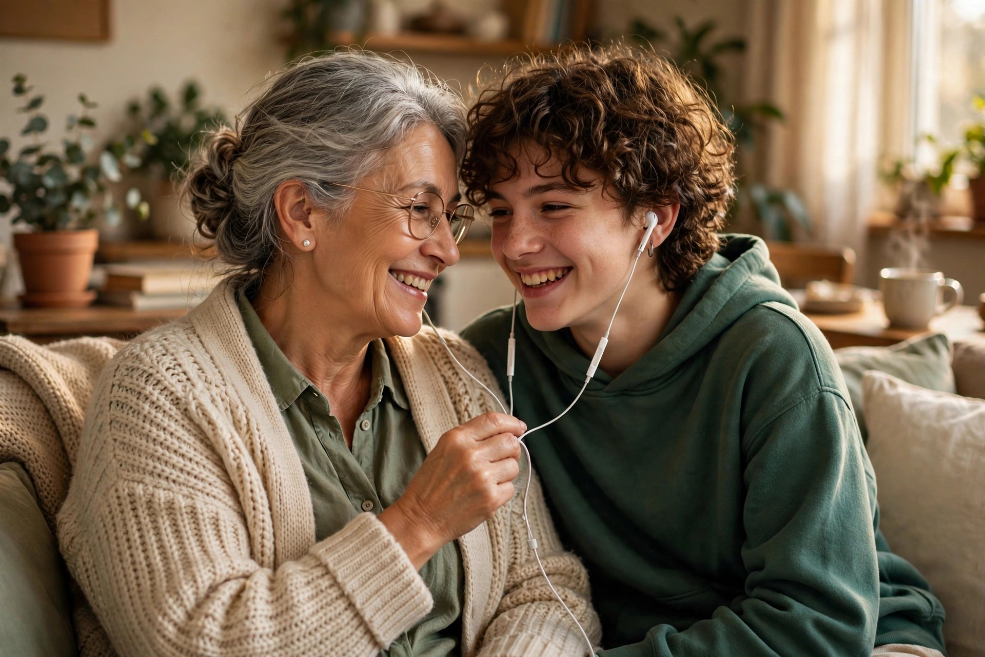 Grandmother and teenage grandchild sharing earbuds listening to music