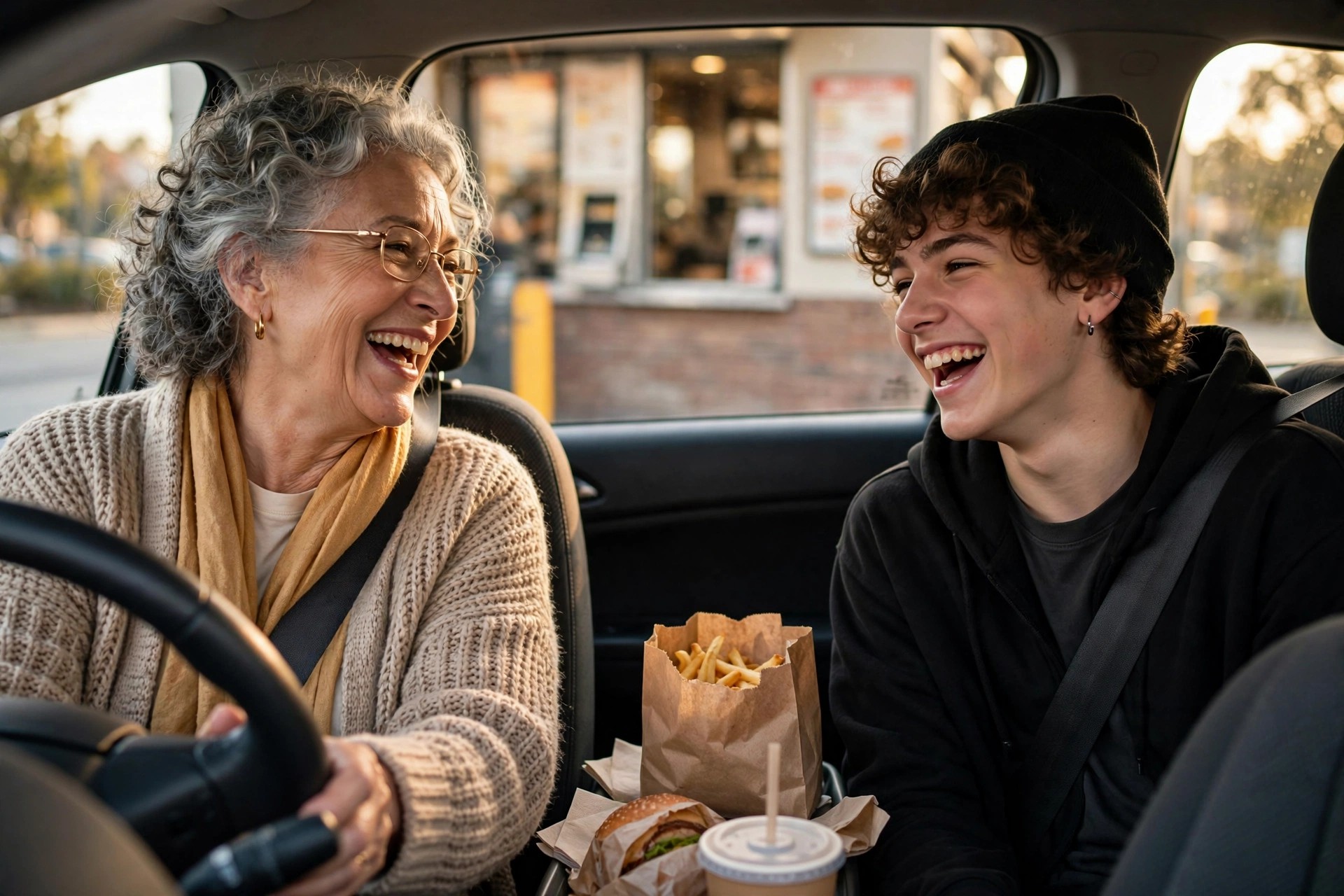 Grandmother and teenage grandchild on a drive-thru food run in a car