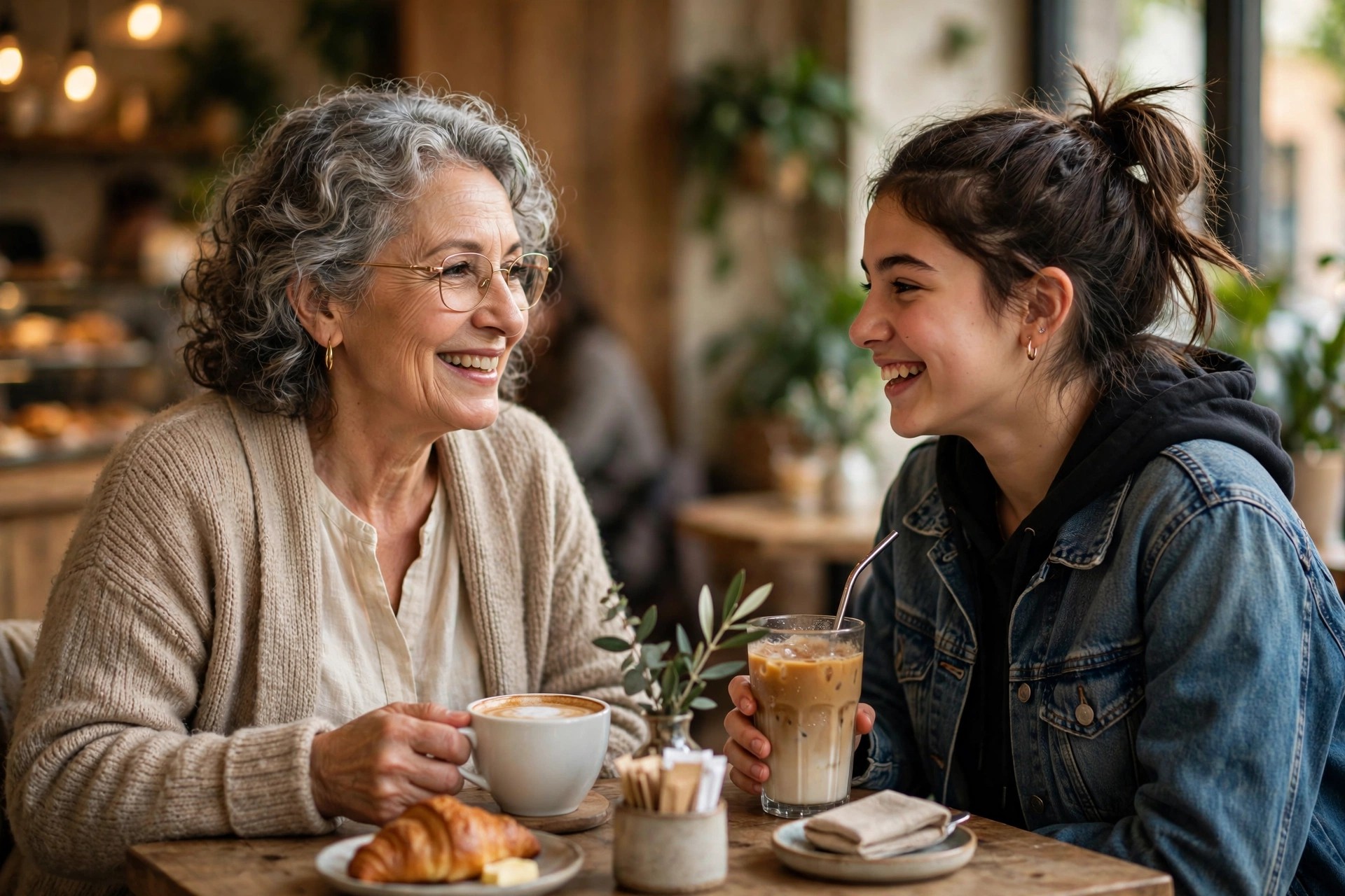 Grandmother having coffee one-on-one with her teenage granddaughter