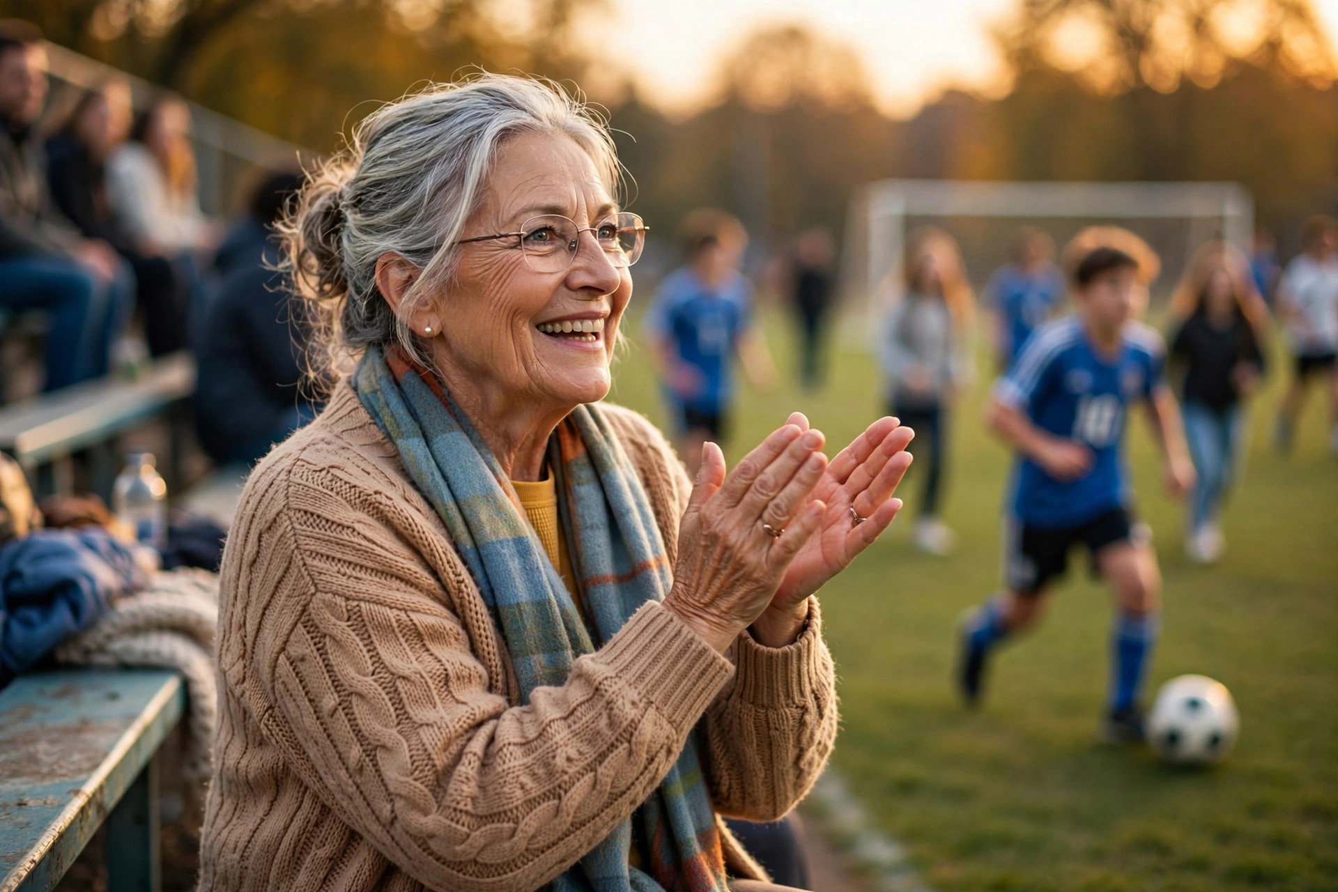 Grandmother cheering in the audience at a teenager's soccer game