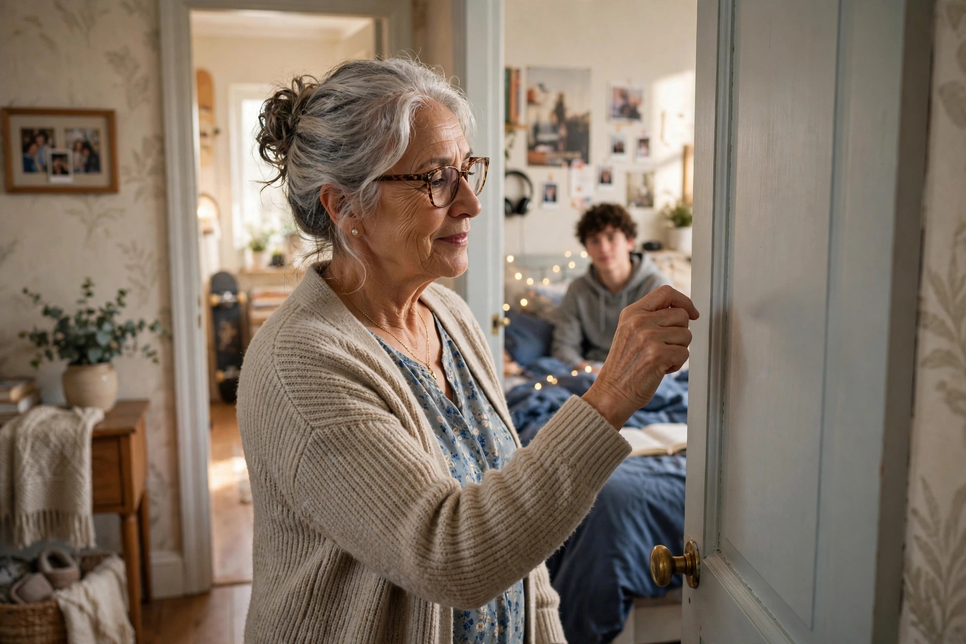 Grandmother knocking gently on a teenager's bedroom door