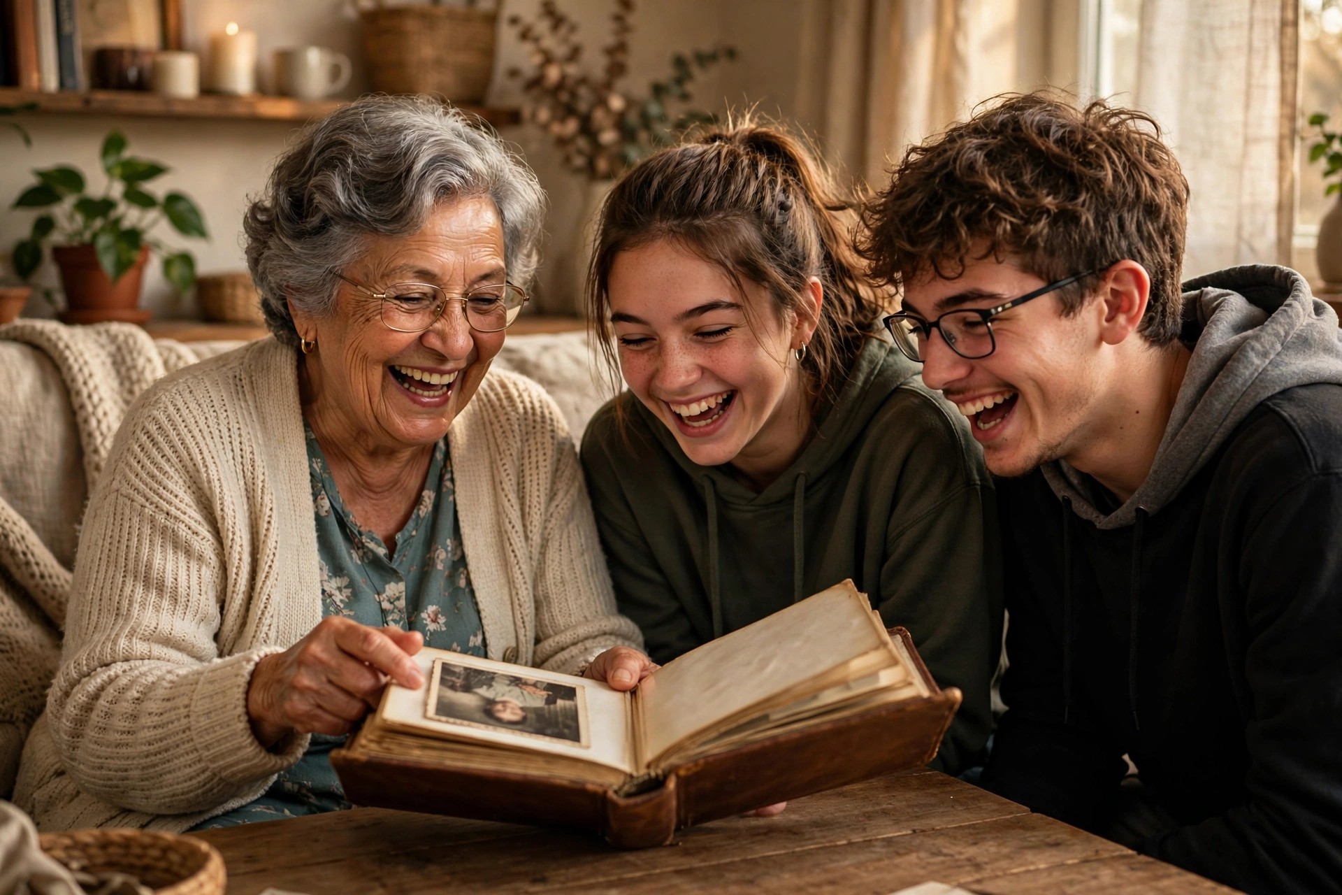 Grandmother showing teenage grandchildren her old photo album