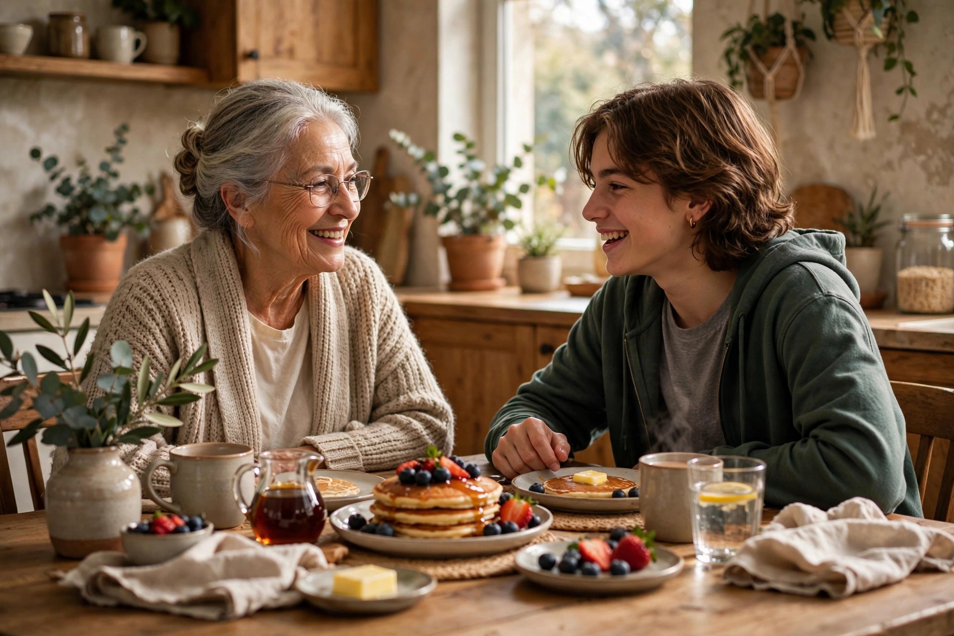 Grandmother and teenage grandchild having a pancake breakfast date
