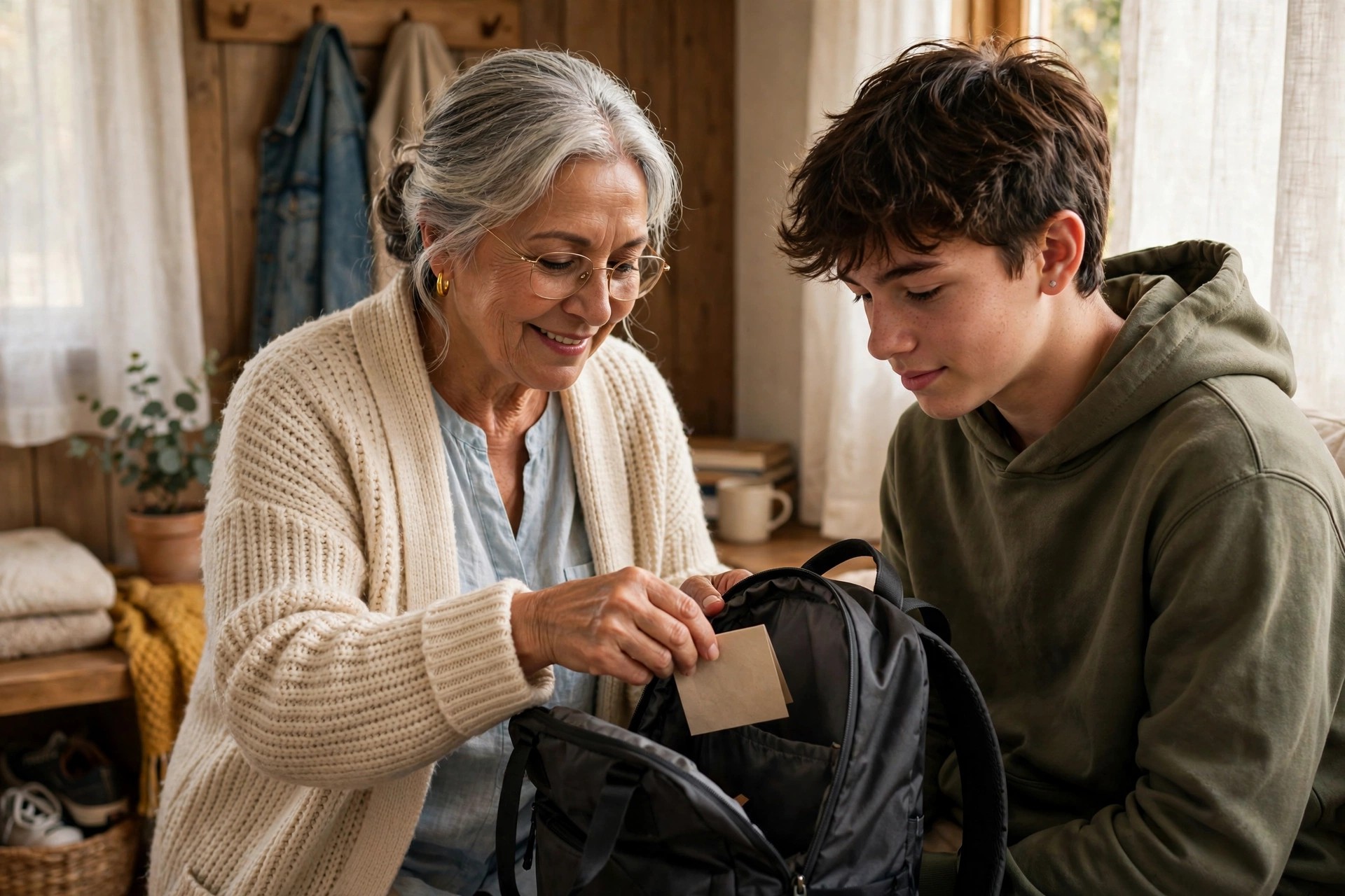 Grandmother slipping a handwritten note into a teenager's backpack