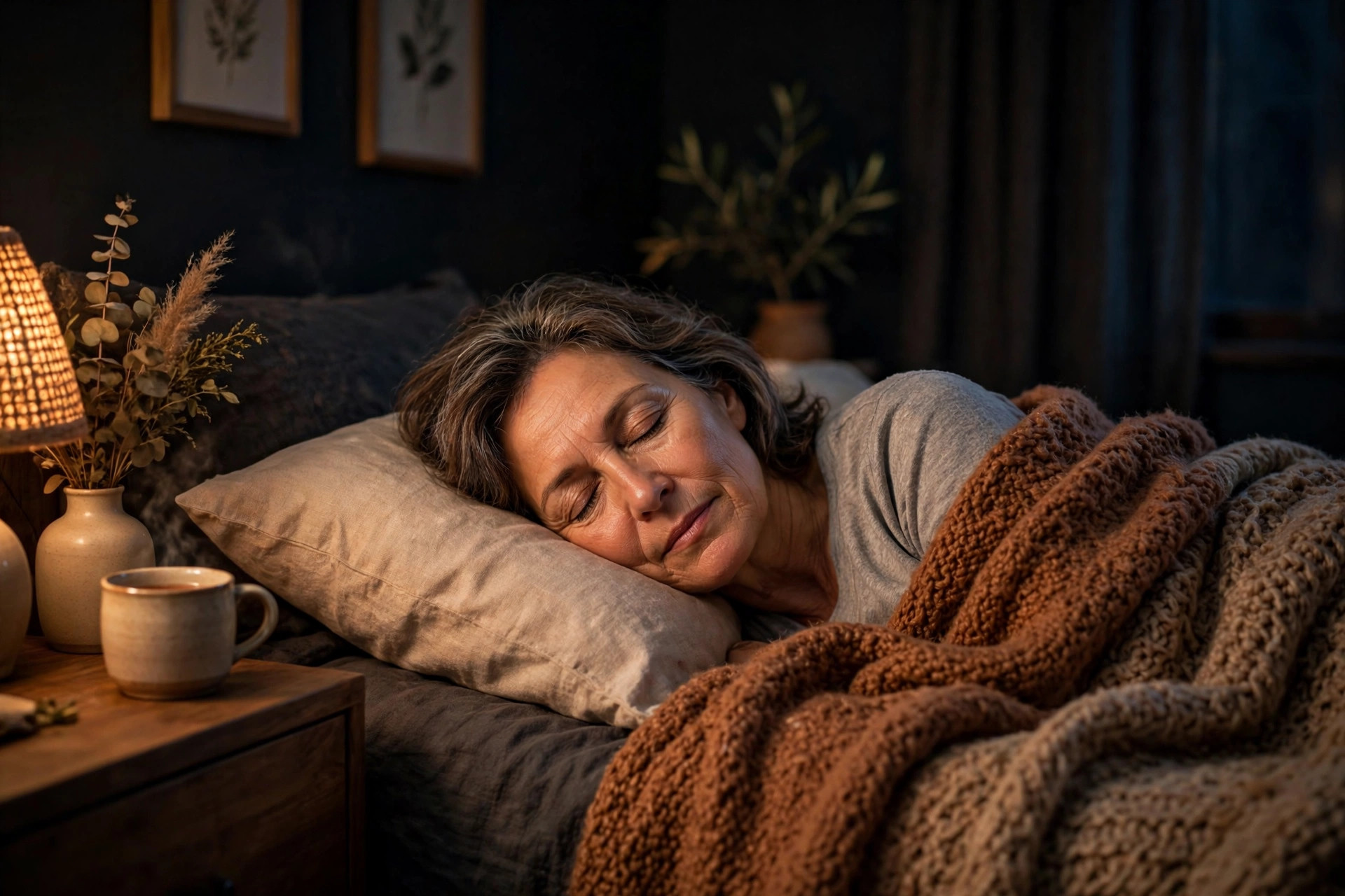 Woman in her 50s sleeping peacefully in a cozy bedroom