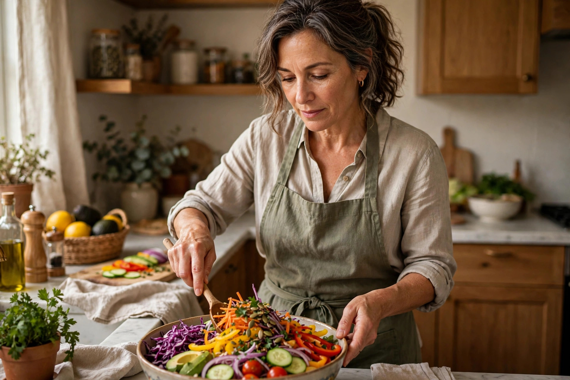Woman in her 50s preparing a vibrant rainbow salad