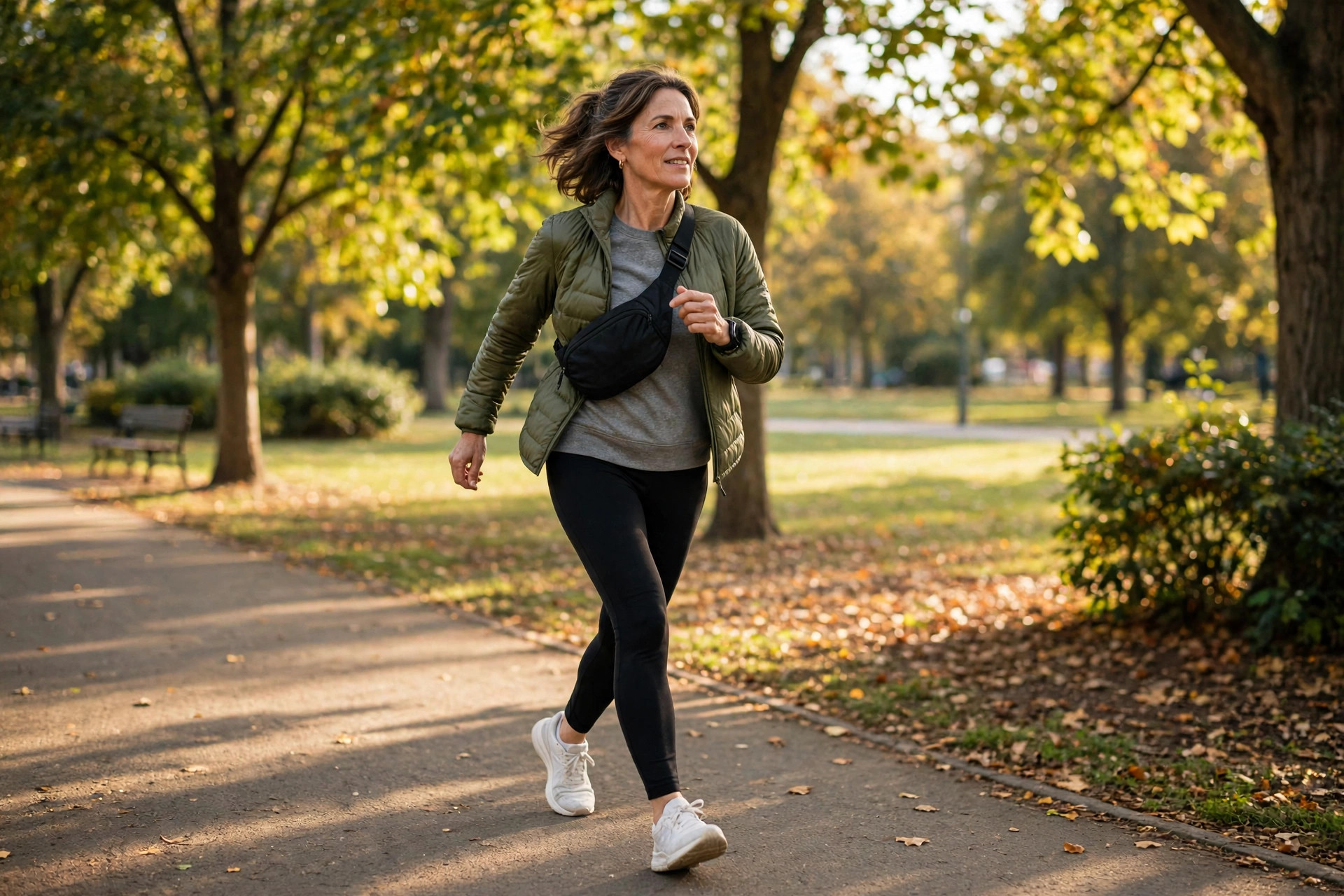 Woman in her 50s walking briskly through a sunny park