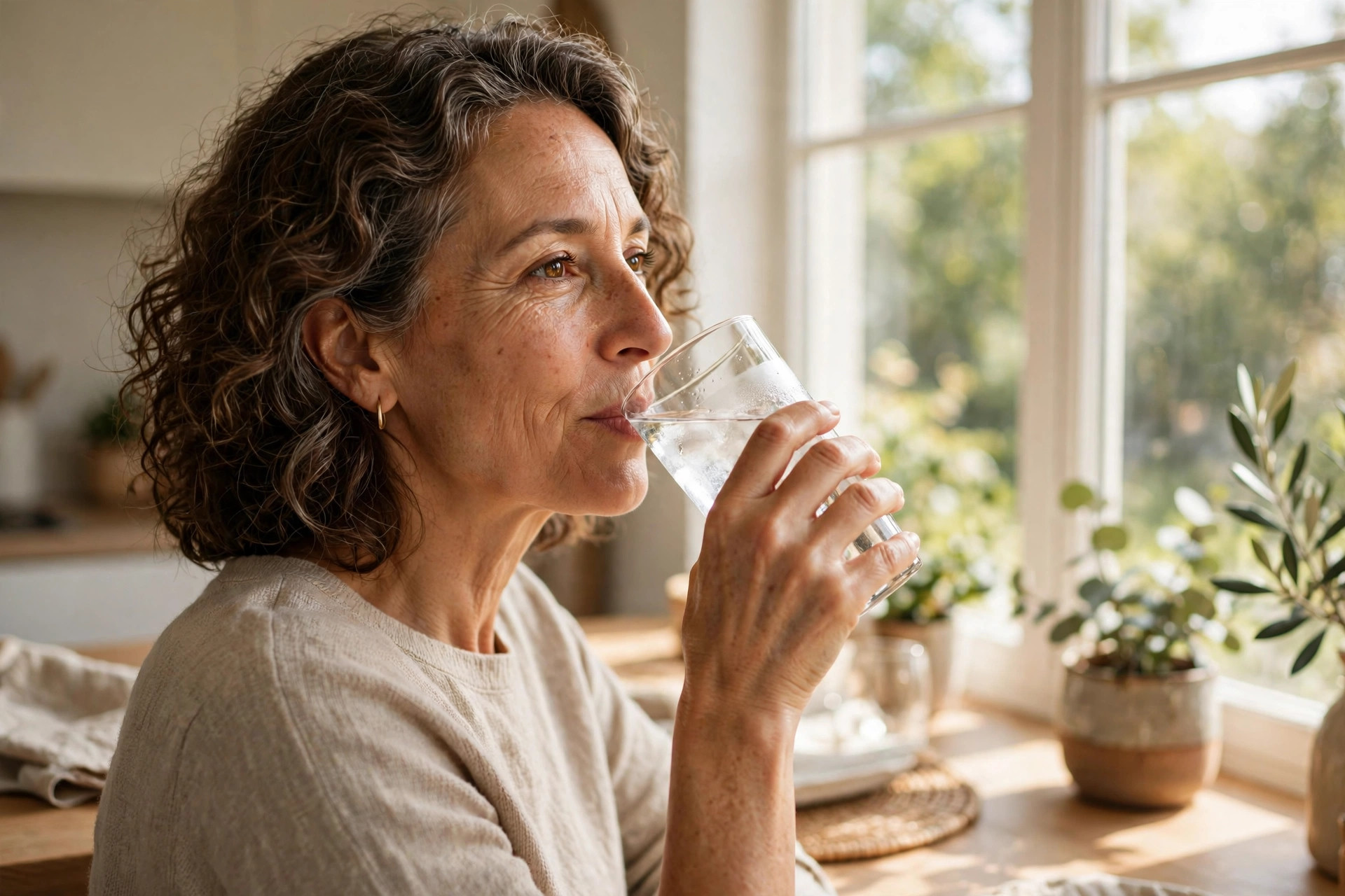 Woman in her 50s drinking water by a bright window