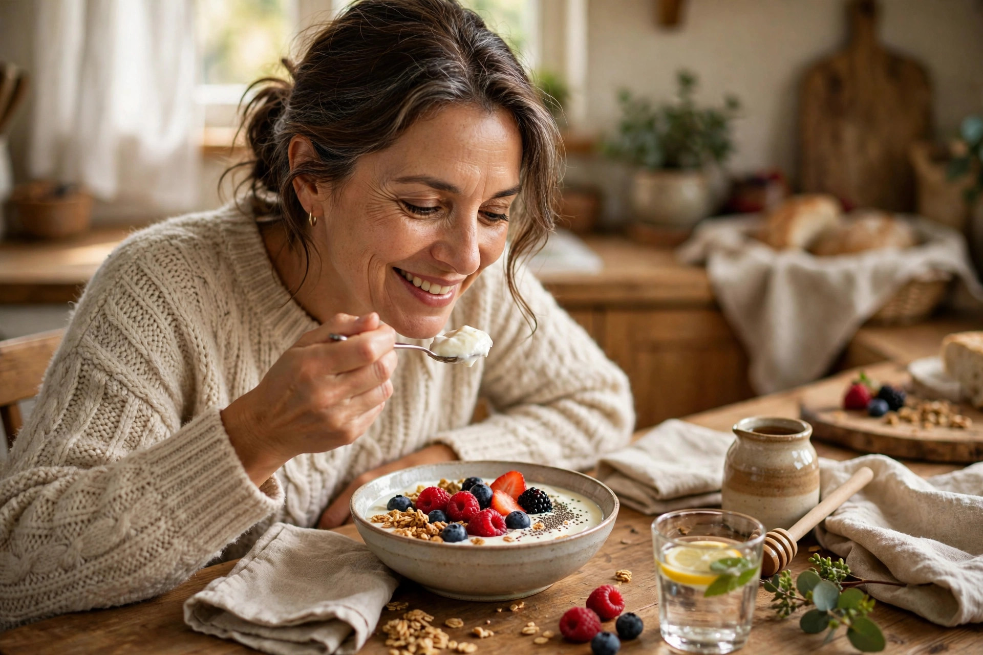 Woman in her 50s enjoying yogurt with berries
