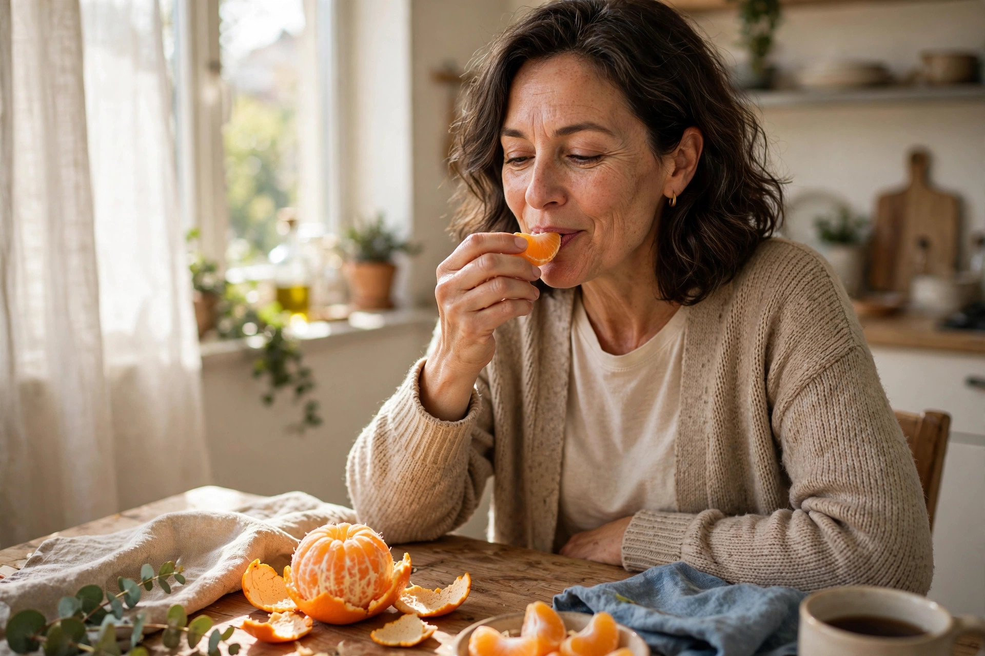 Woman in her 50s eating an orange at a sunny table