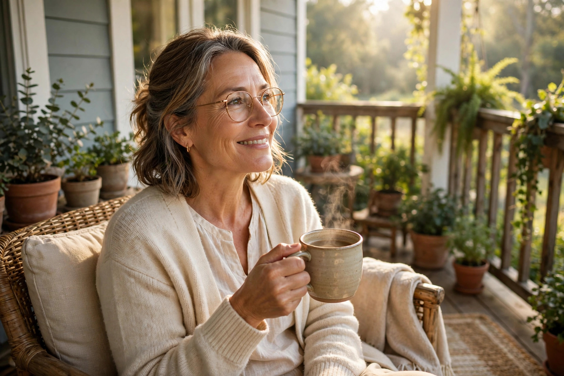Woman in her 50s enjoying morning daylight on her porch