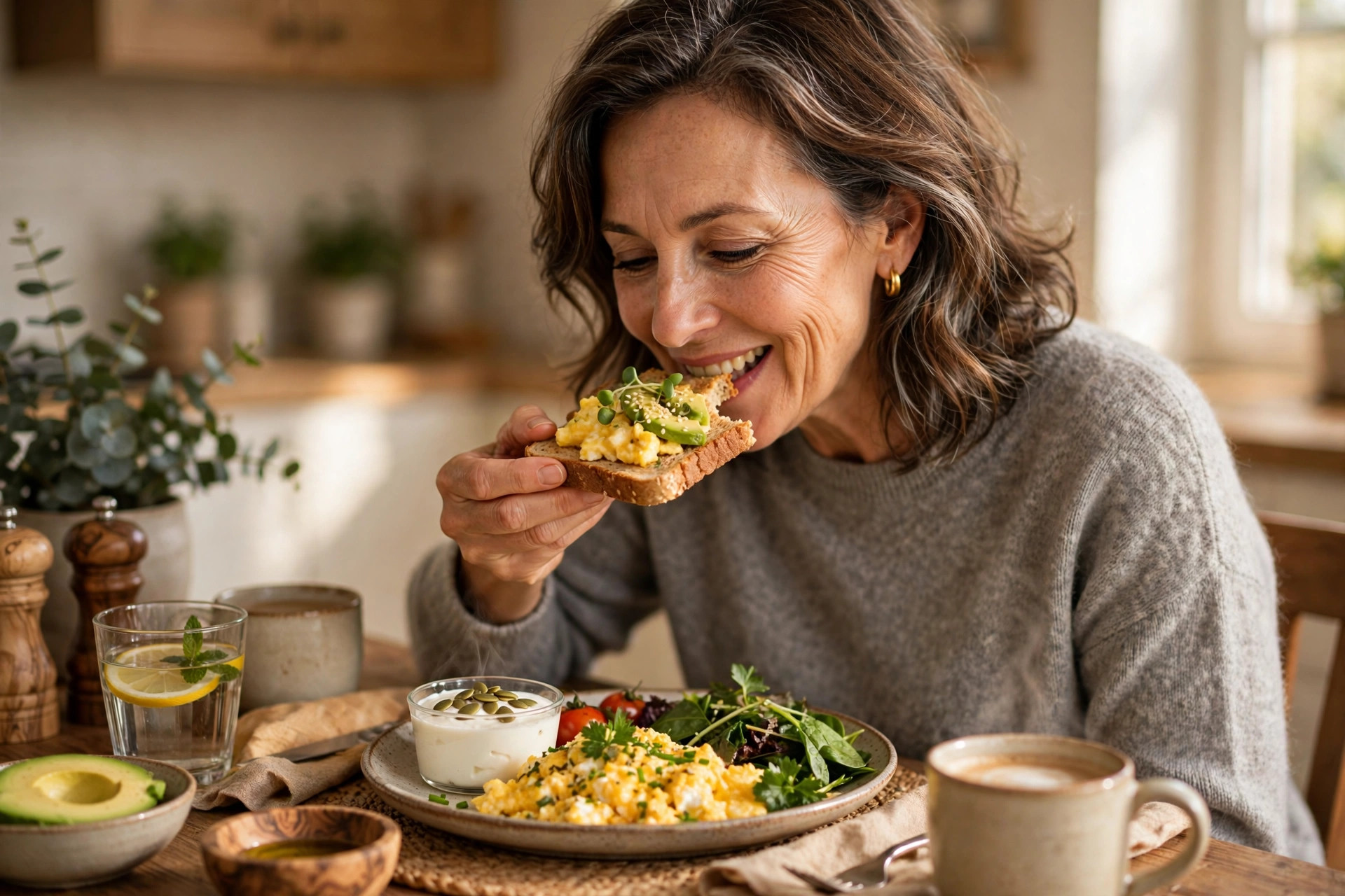 Woman in her 50s eating a protein-rich breakfast