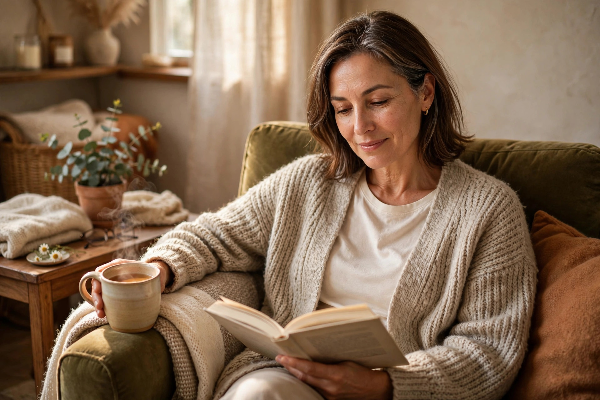 Woman in her 50s relaxing with tea and a book