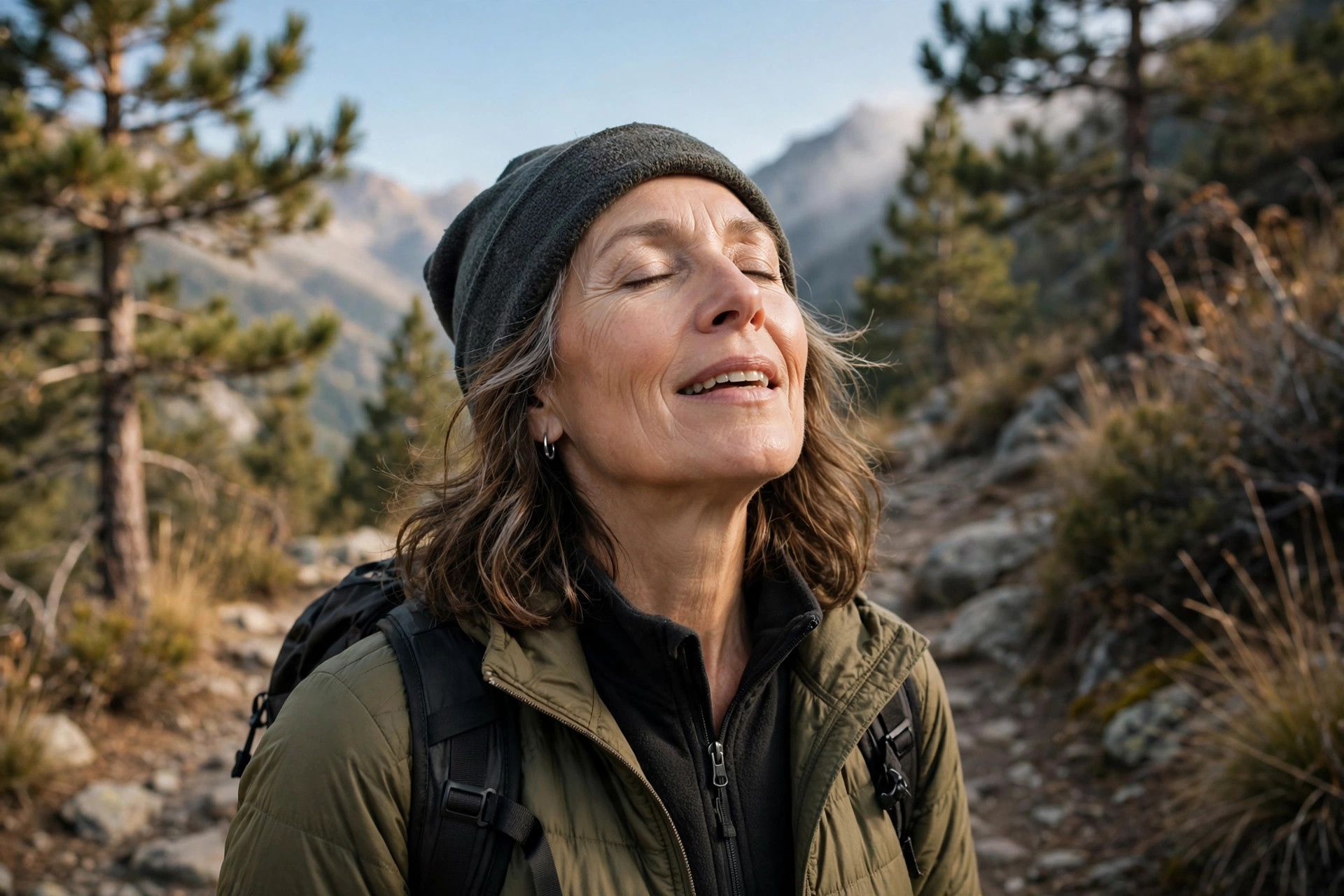 Woman in her 50s breathing fresh air on a mountain trail