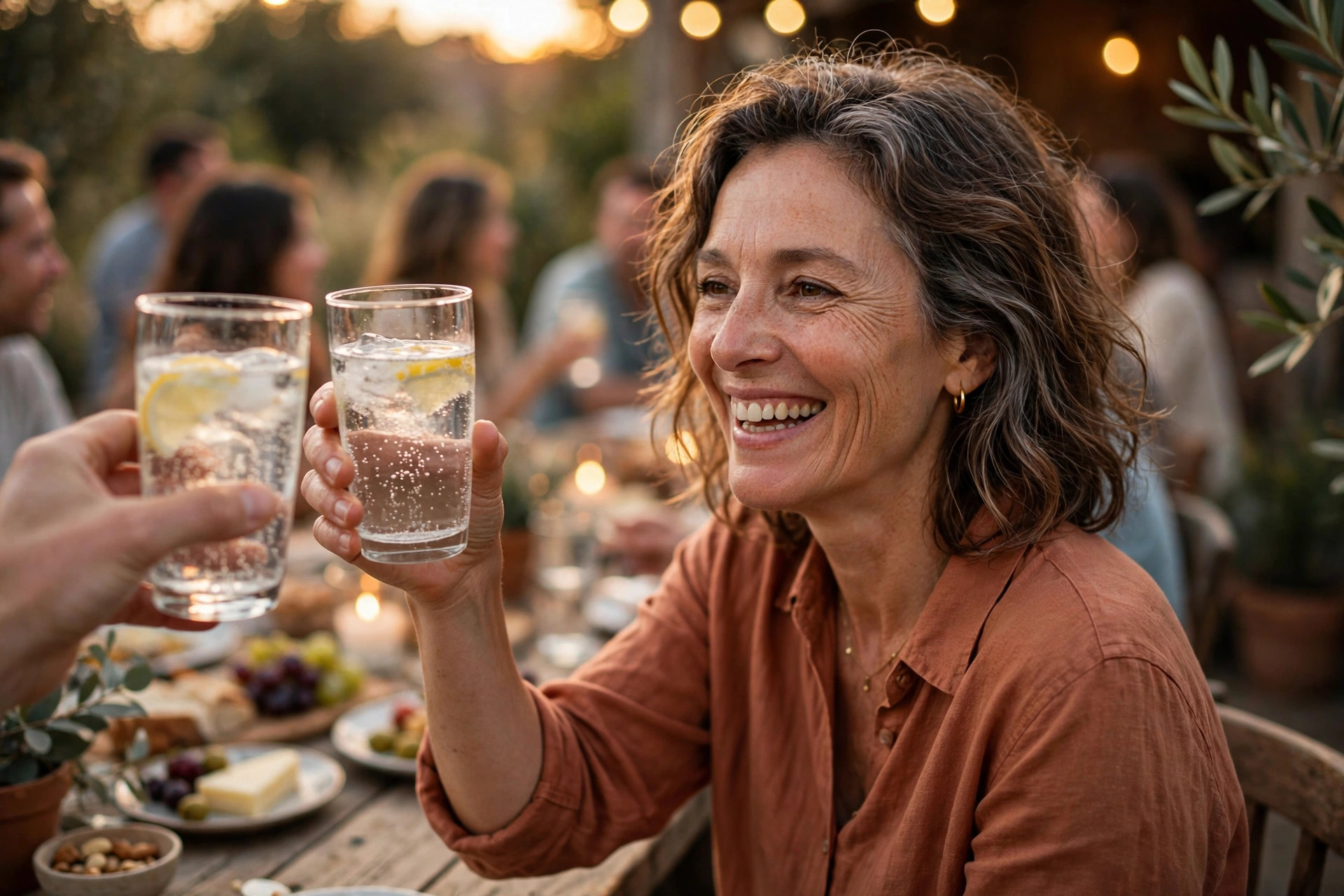 Woman in her 50s toasting with sparkling water