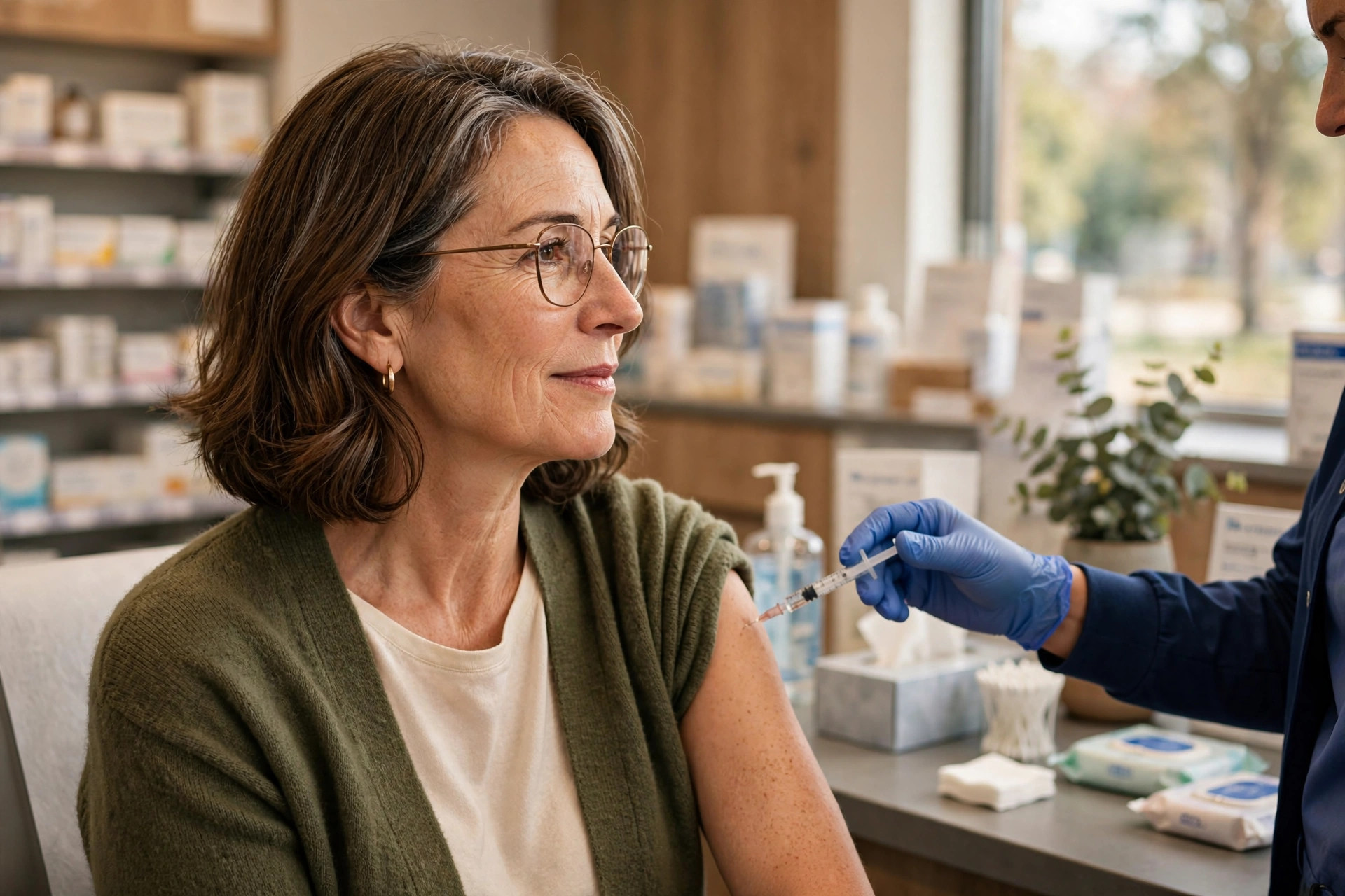 Woman in her 50s getting a vaccine at a pharmacy clinic