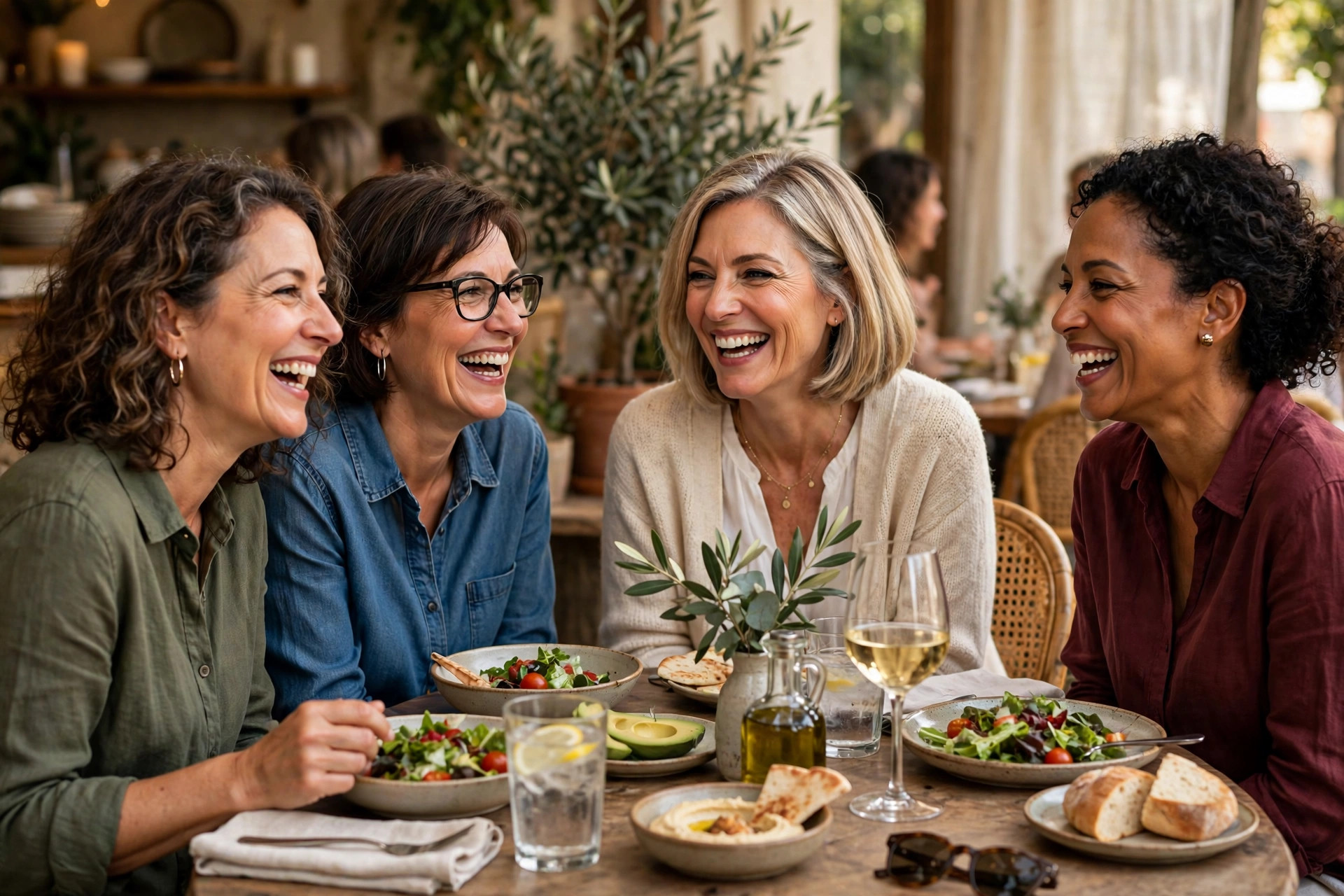 Group of women in their 50s laughing together at lunch