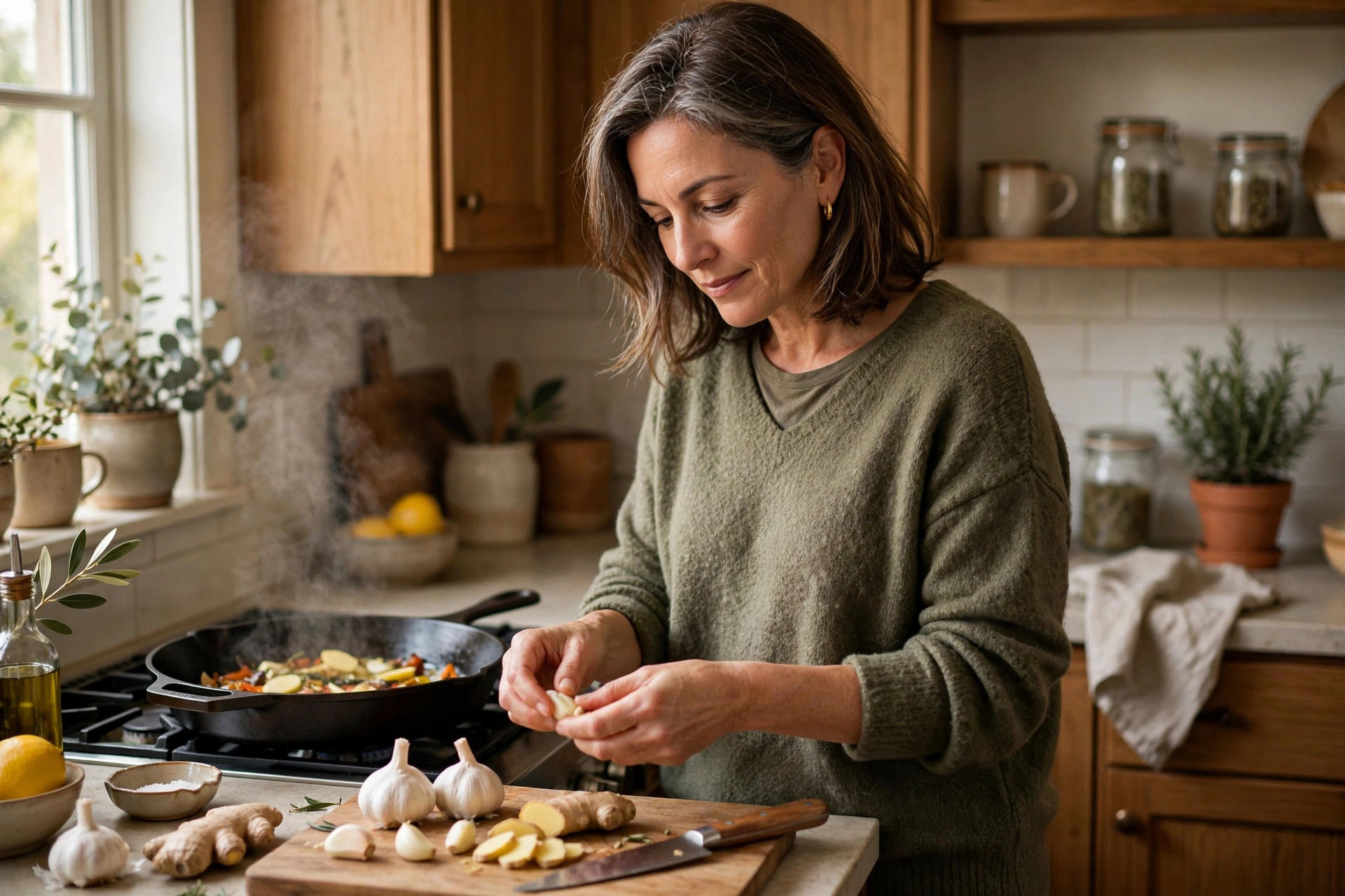 Woman in her 50s cooking with fresh garlic and ginger
