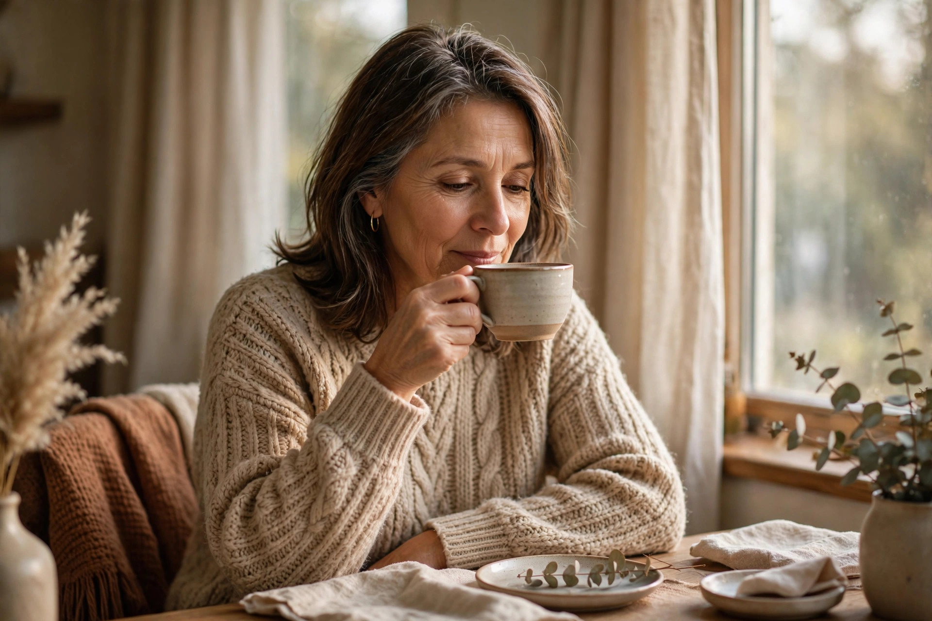 Woman in her 50s sipping tea by a window