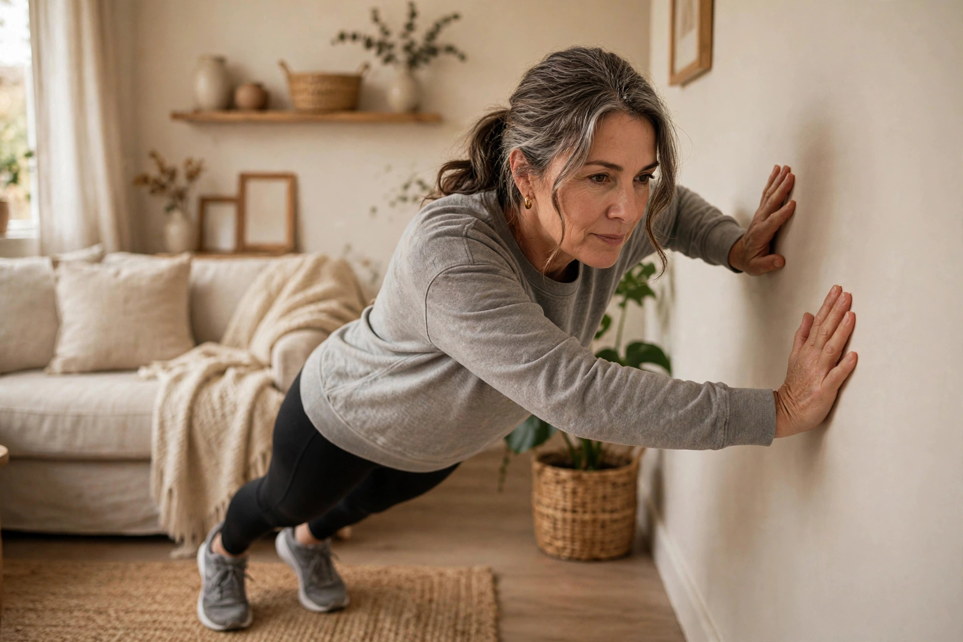 Woman in her 50s doing wall push-ups at home