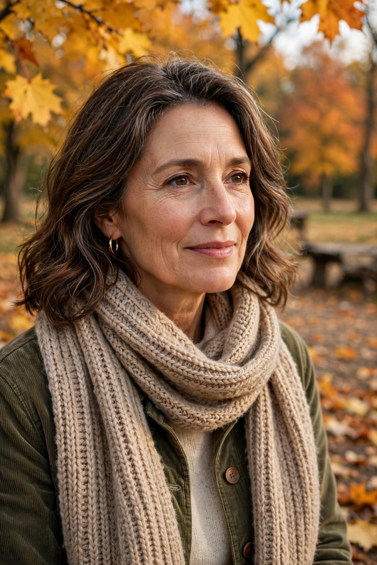 Woman in her 50s wearing a cozy scarf on an autumn day