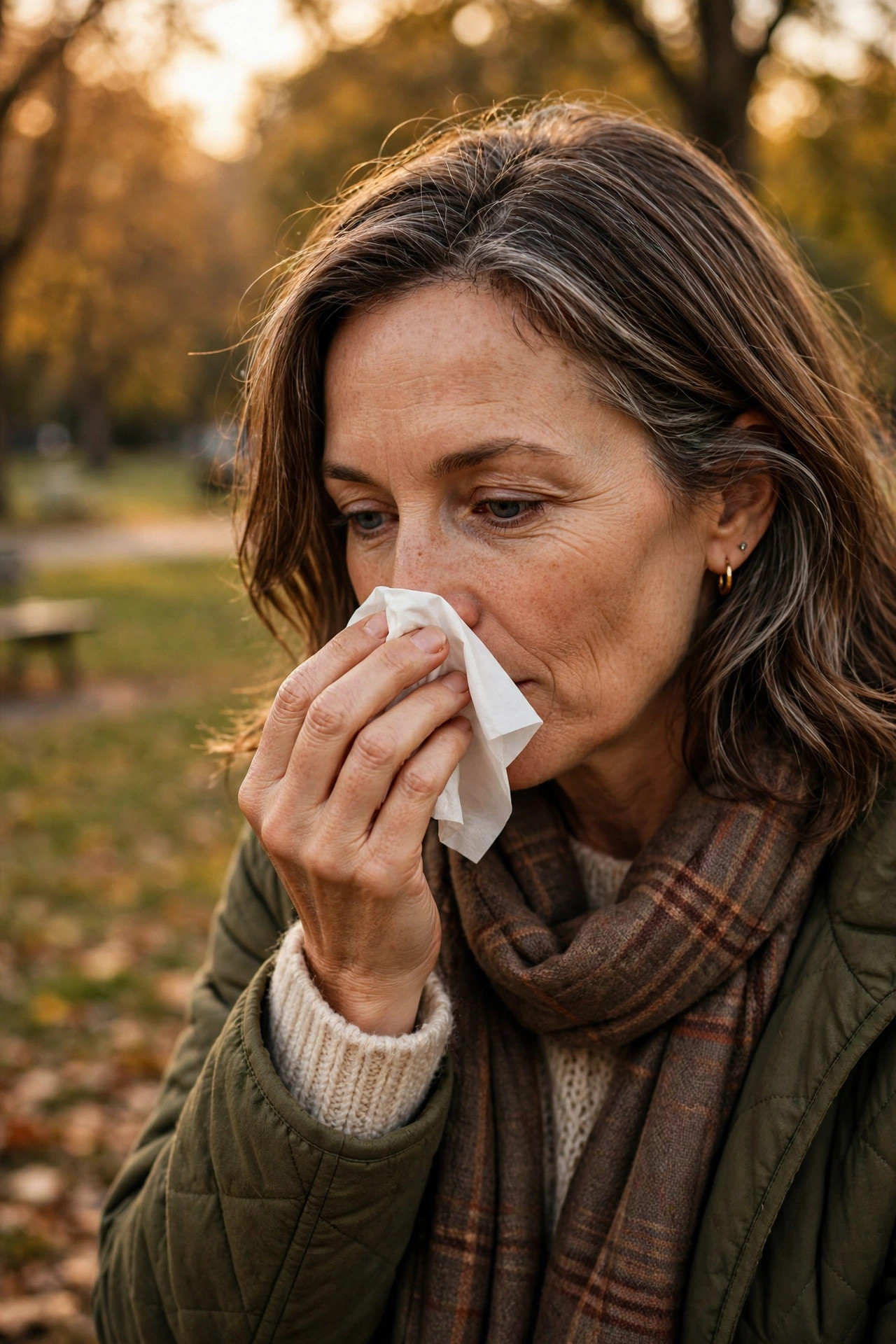 Woman in her 50s using a tissue outdoors in a park