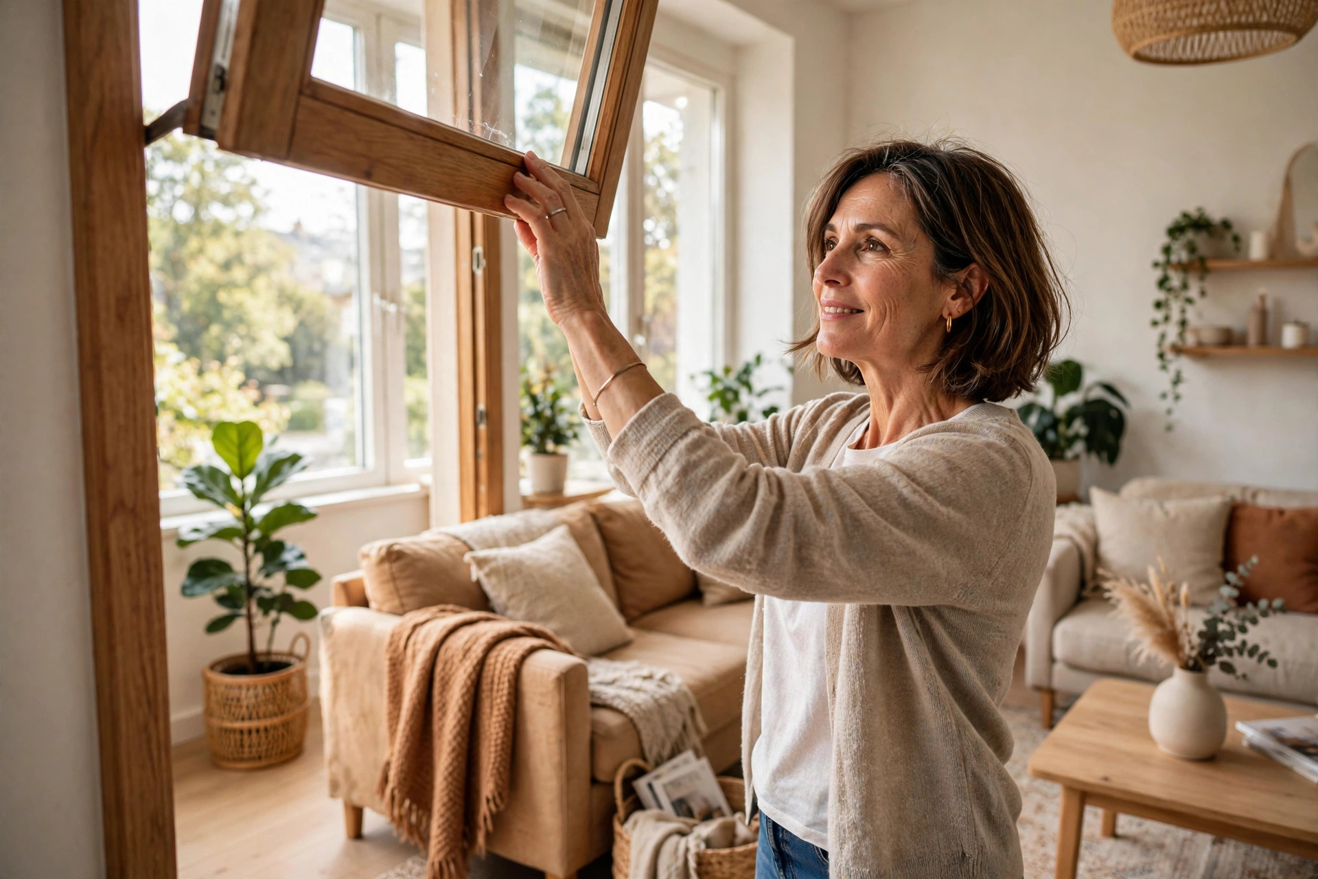 Woman in her 50s opening windows in a bright living room