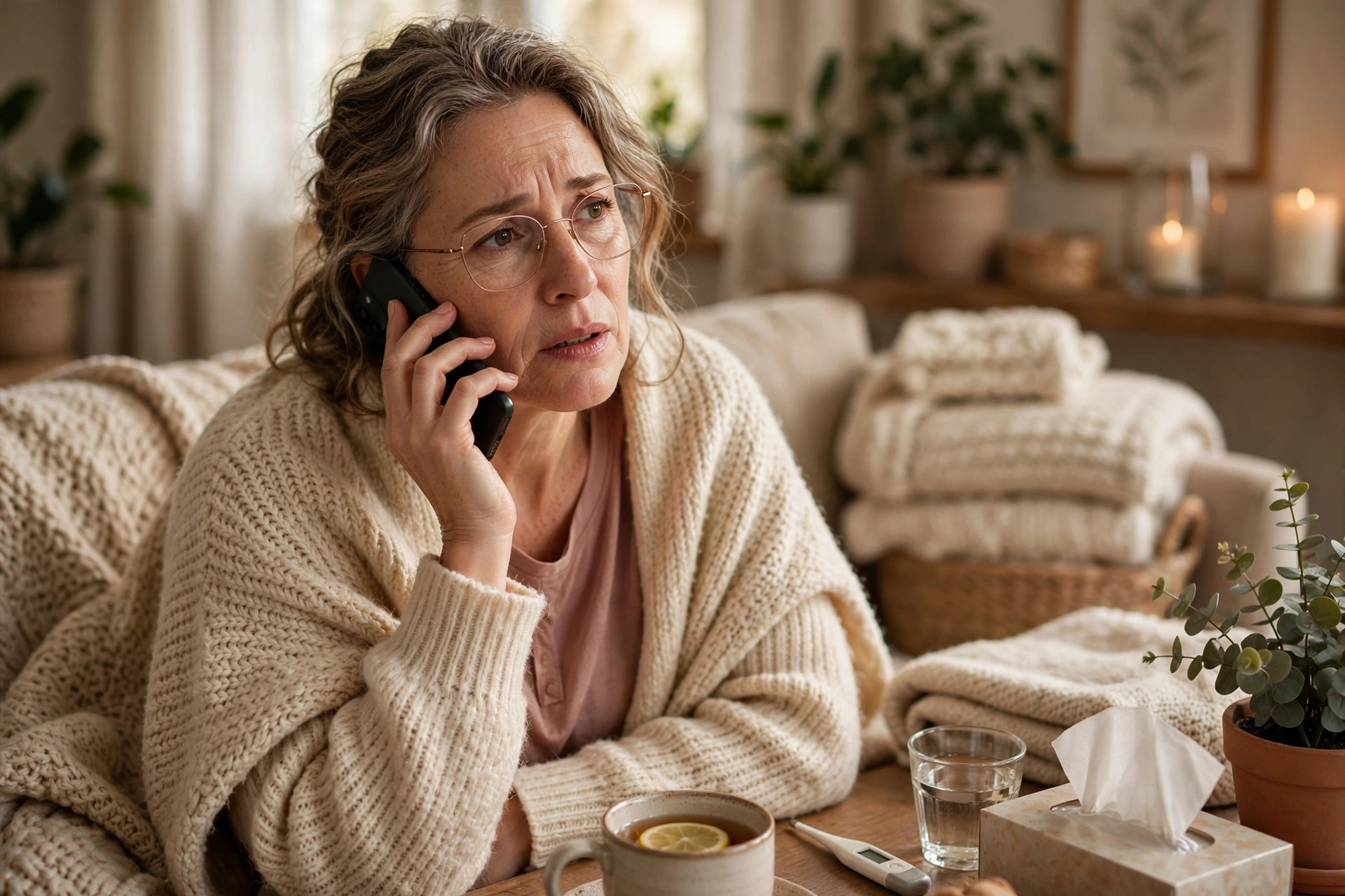 Woman in her 50s calling her doctor from home