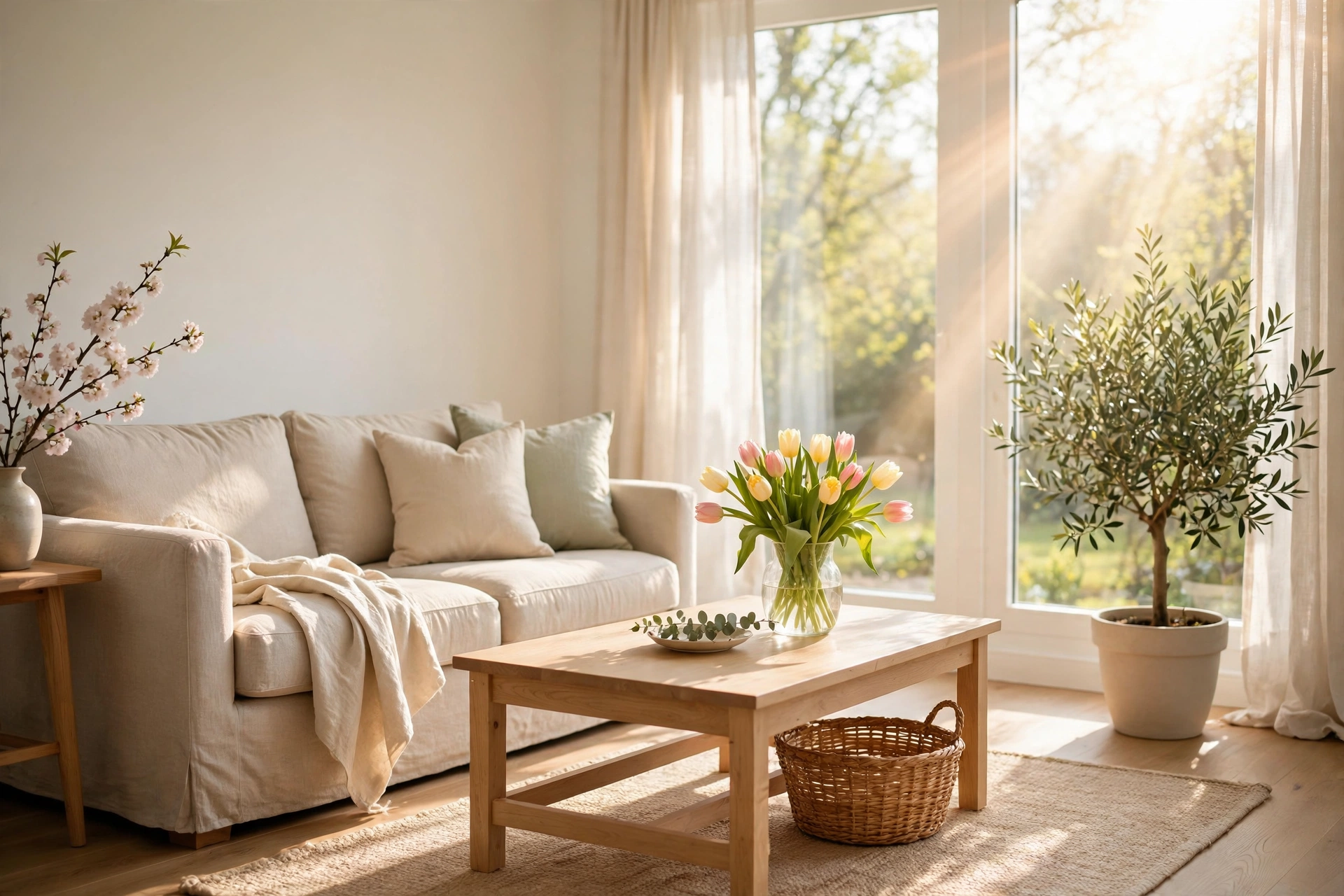 Bright freshly decluttered living room styled for spring with sunlight streaming in