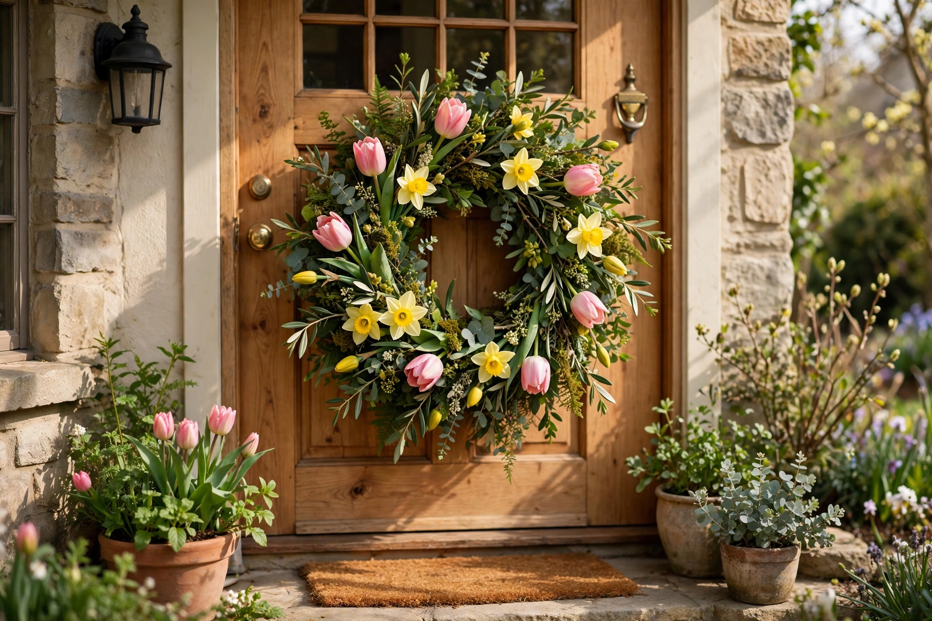 Spring wreath with tulips, daffodils and greenery on a front door