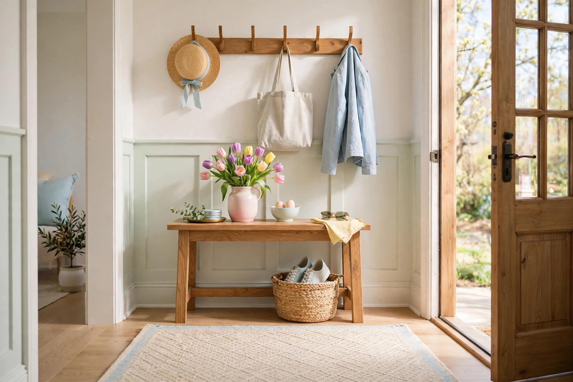 Bright entryway refreshed for spring with tulips and pastel accents