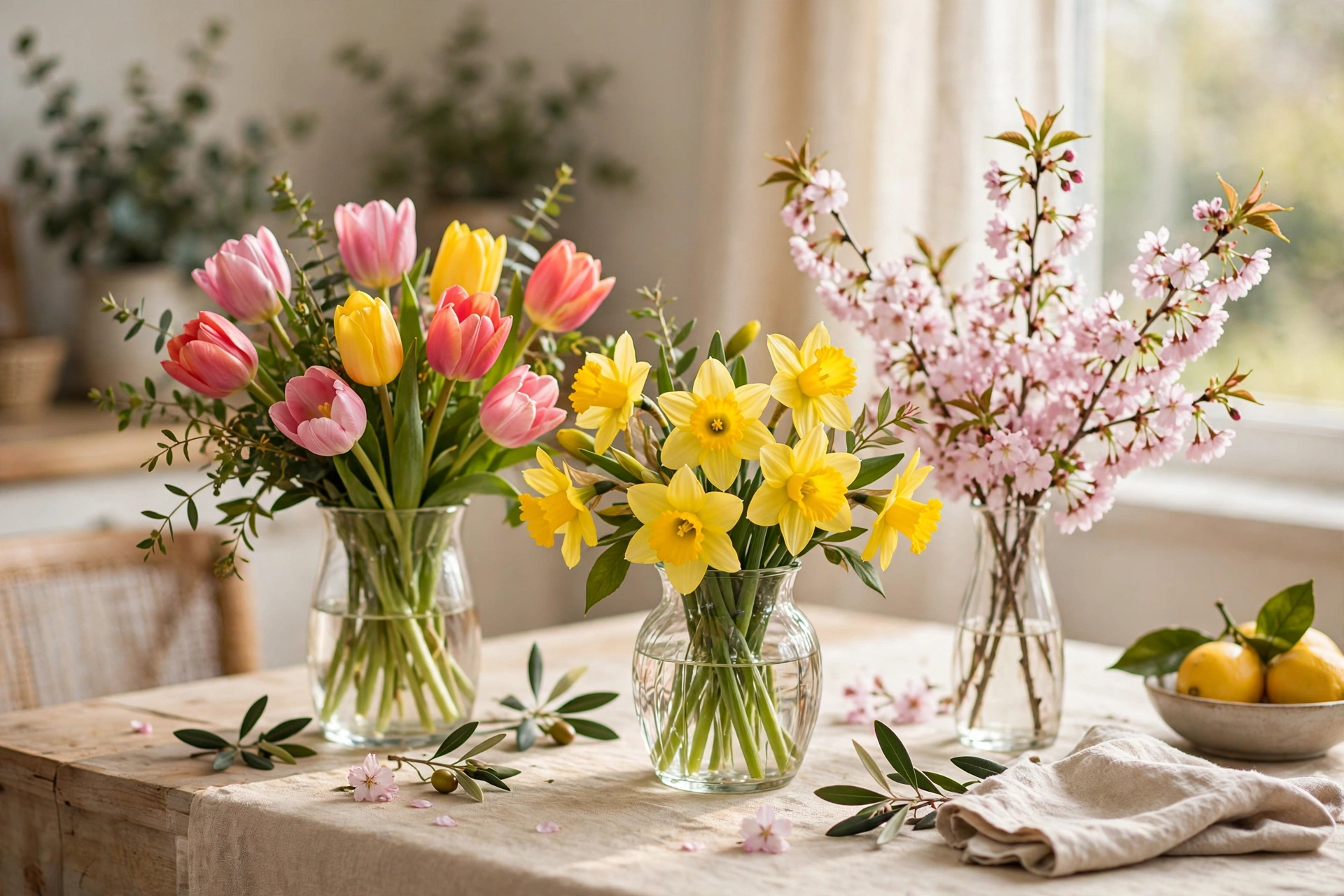 Fresh spring flower bouquets with tulips, daffodils and cherry blossoms