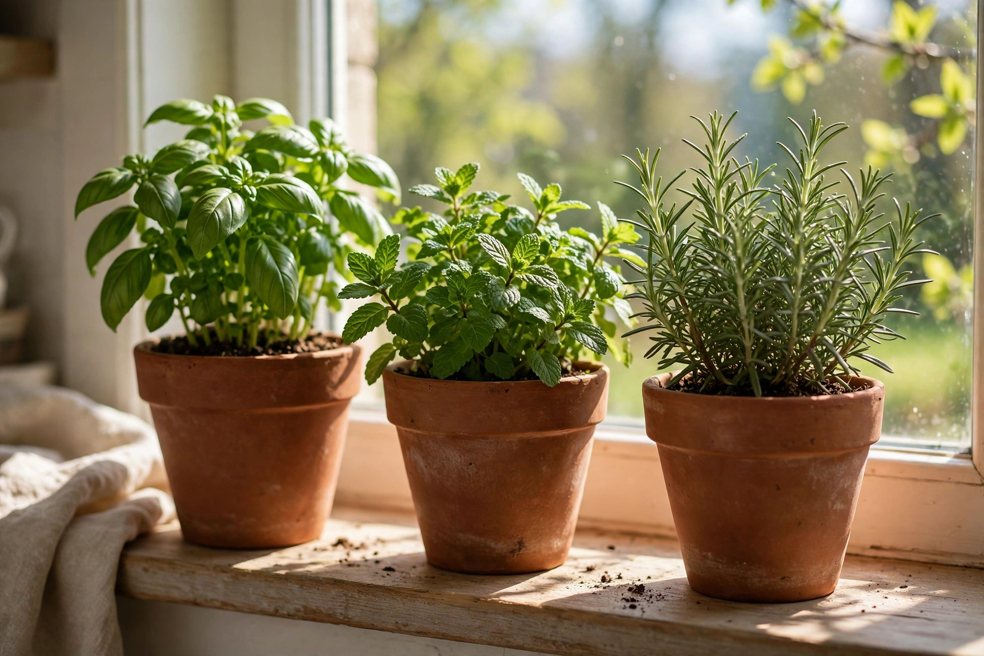 Sunny kitchen windowsill with potted fresh herbs in terracotta pots