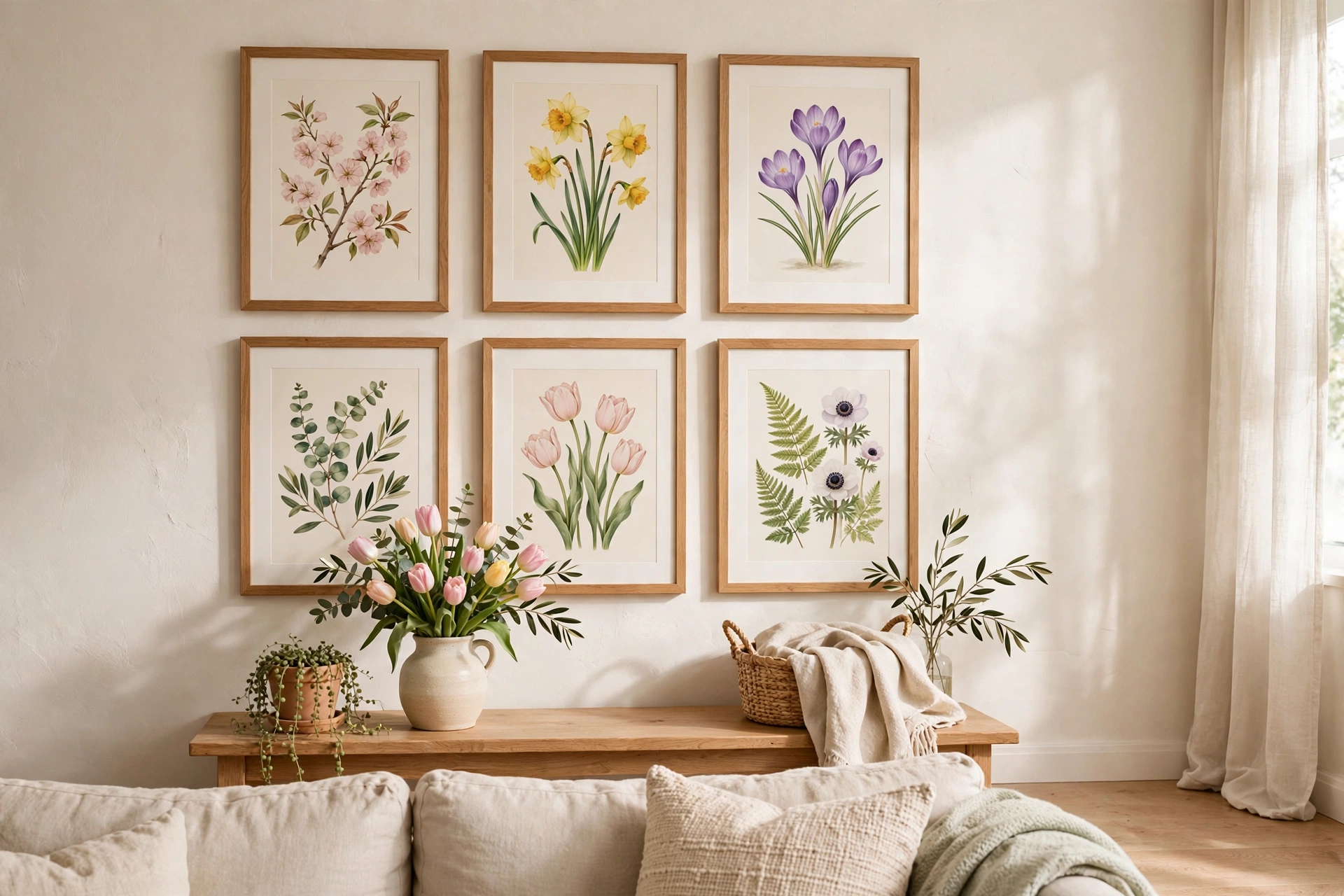 Living room wall with framed botanical prints of spring flowers