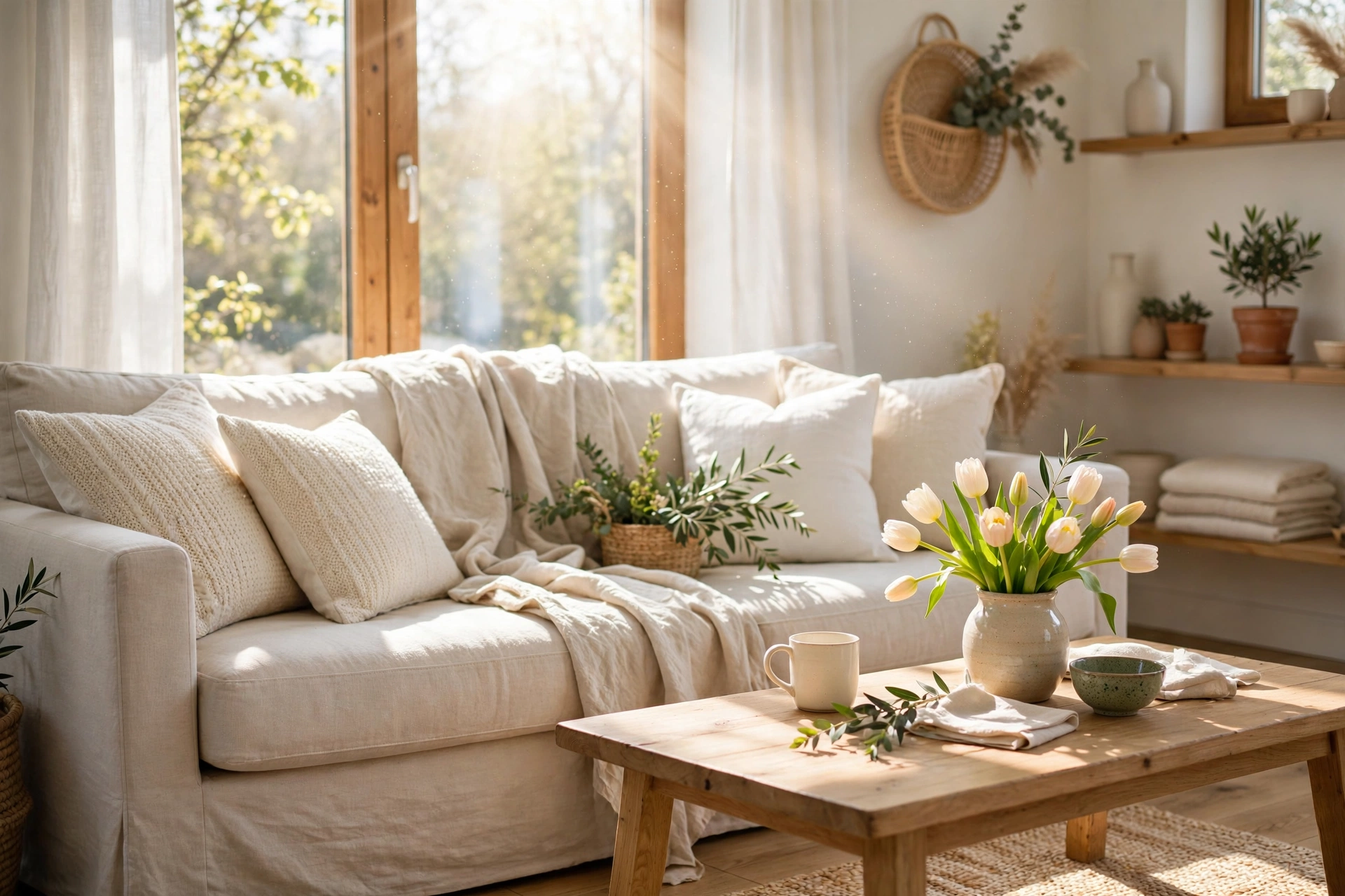 Bright living room sofa styled for spring with light linen throws