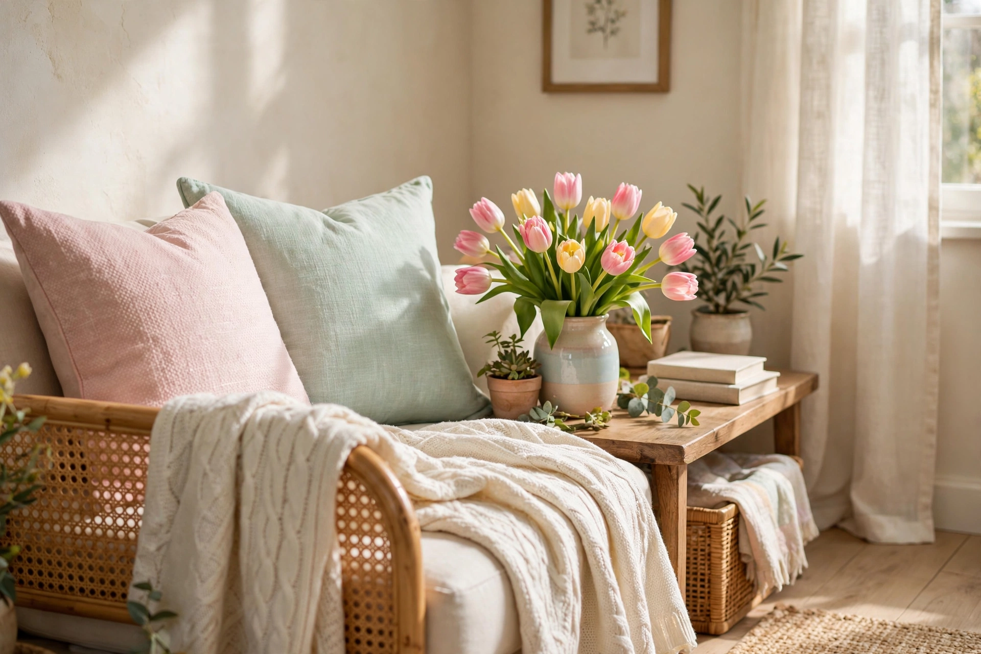 Living room corner with pastel spring accents and a vase of tulips