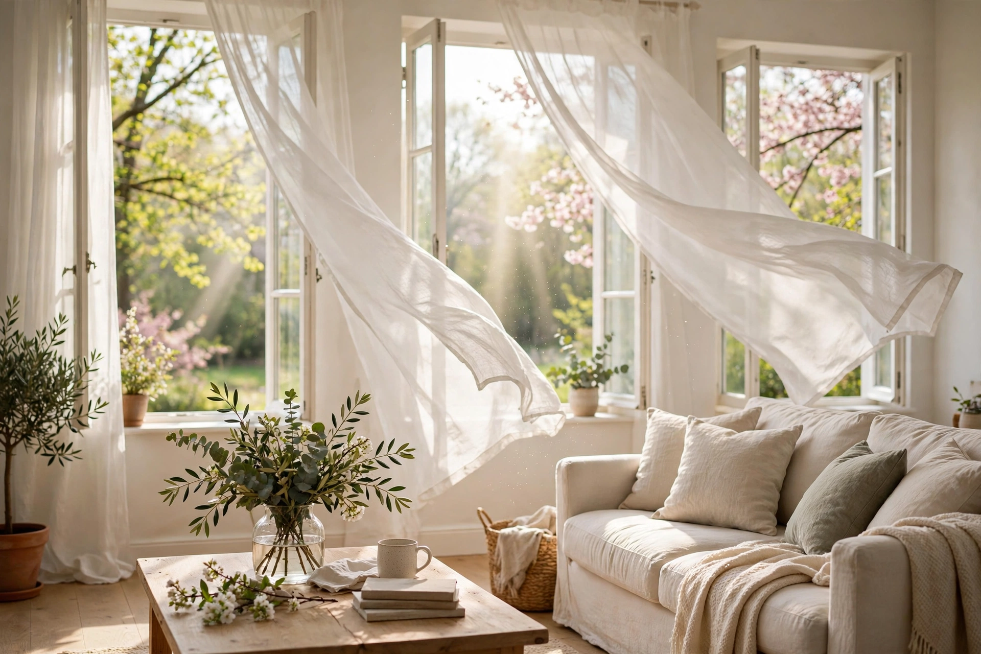 Bright room with sheer white curtains billowing at open windows