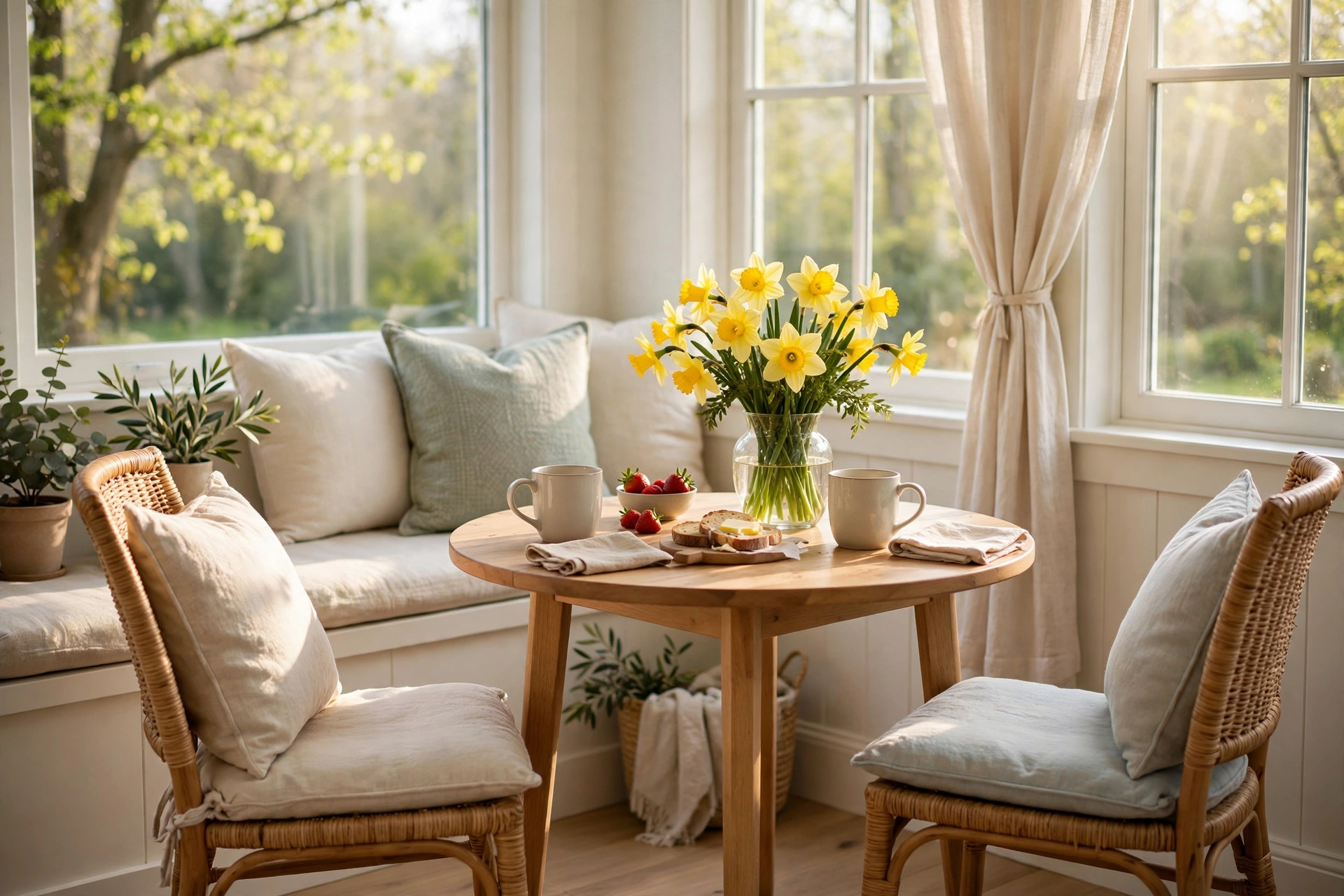 Sunny breakfast nook refreshed for spring with daffodils on the table