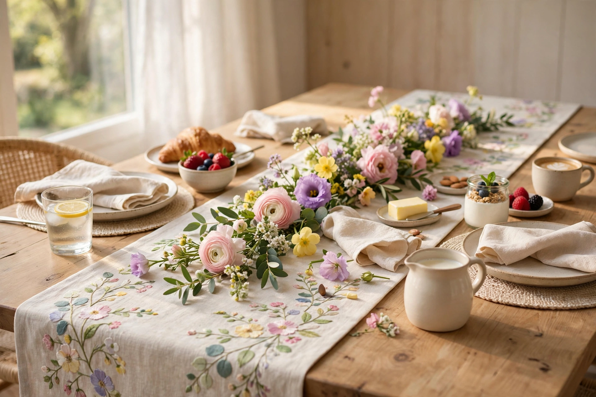 Dining table with a floral table runner and pastel spring flowers
